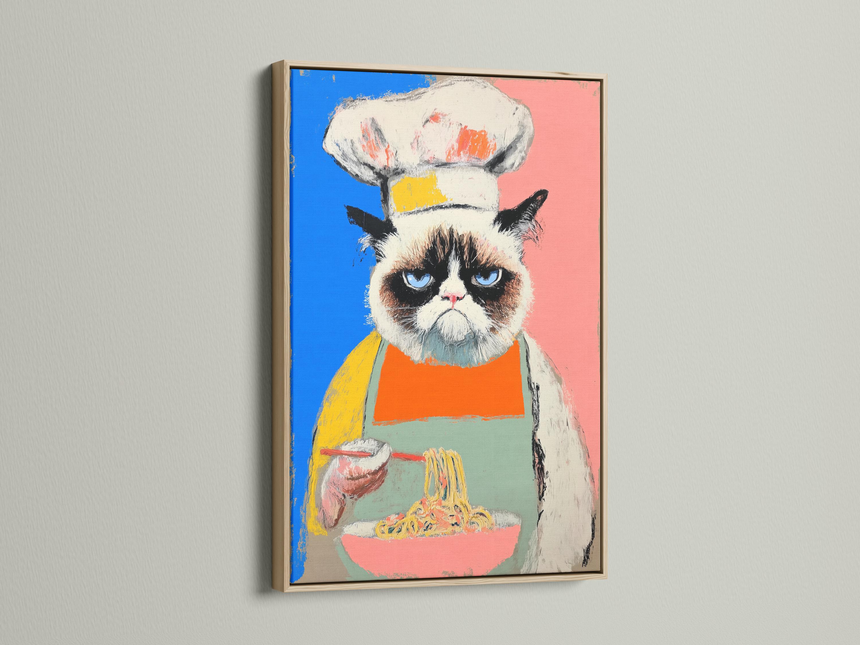 Grumpy cat chef pop art portrait with blue and pink background and a noodle bowl detail view