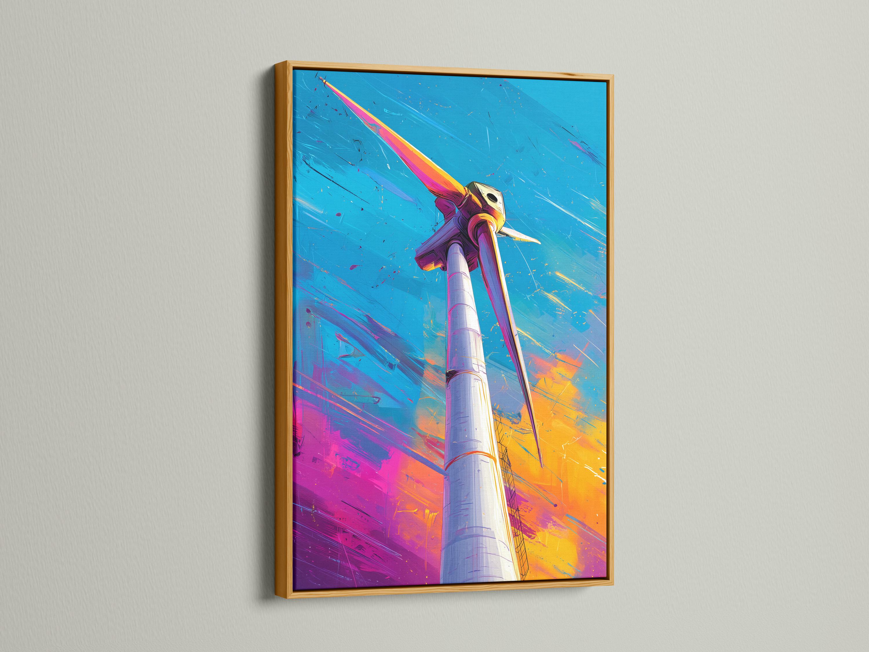 Wind turbine on a sky-blue background with diagonal motion streaks and orange magenta accents detail view
