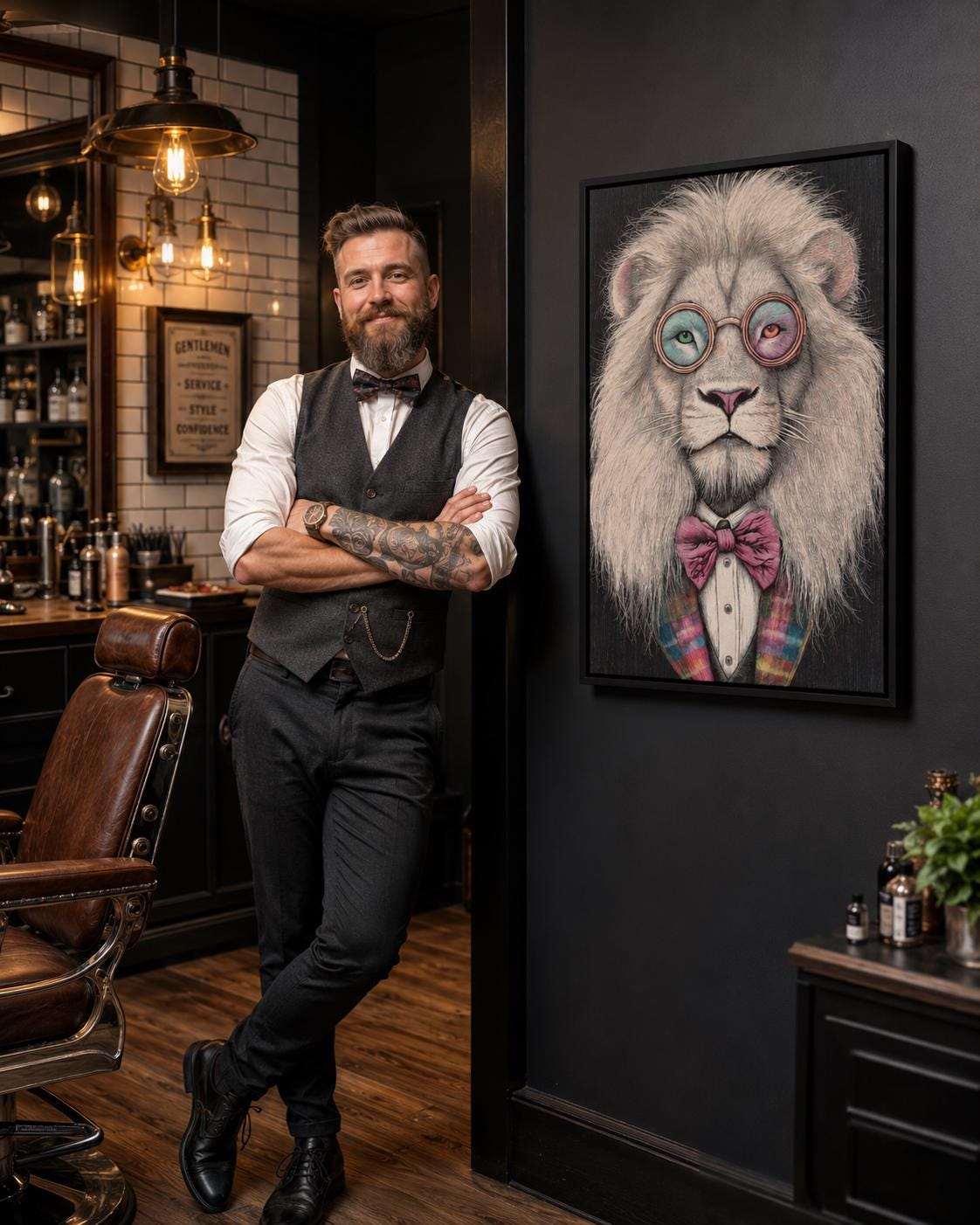 Stylised lion portrait with round glasses and a pink bow tie detail view