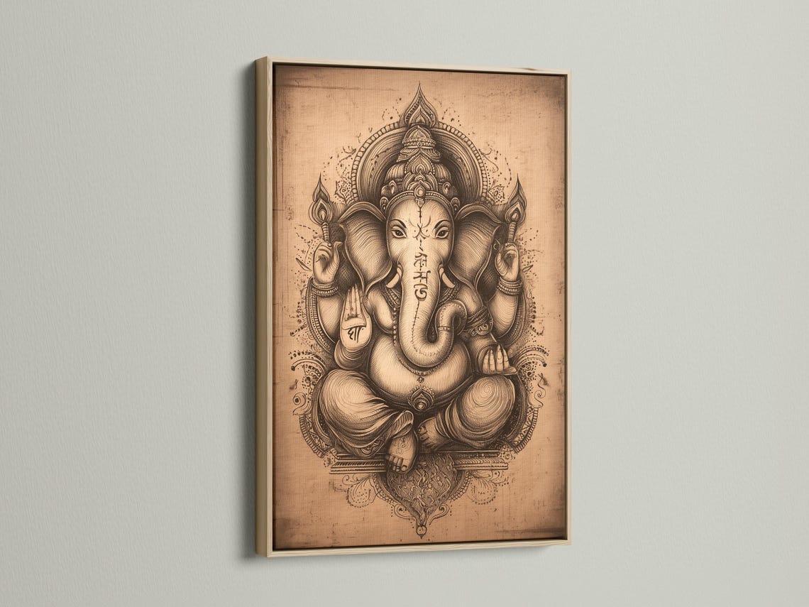 Vintage elephant-headed deity illustration with ornate halo on a beige background detail view