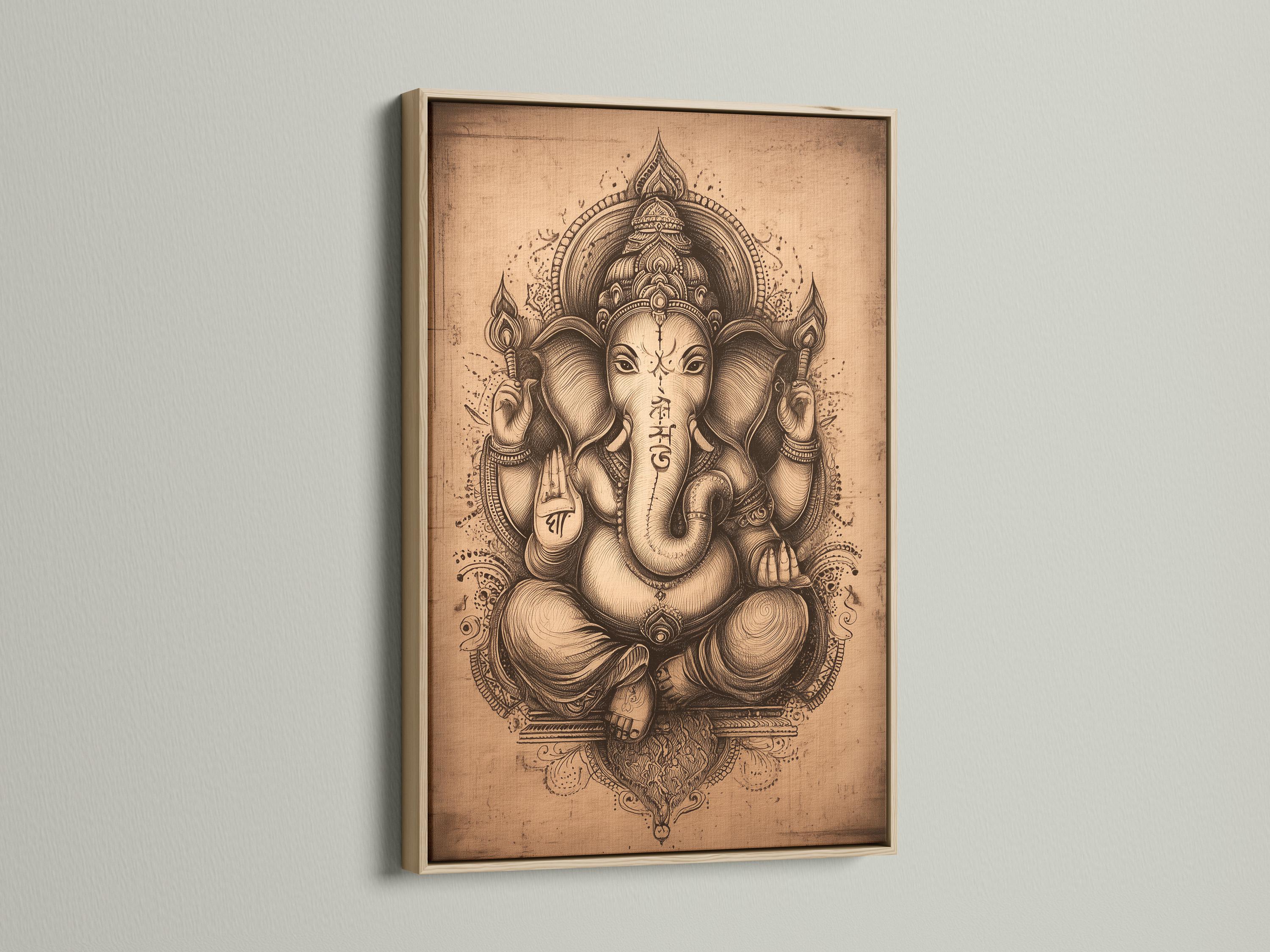 Vintage elephant-headed deity illustration with ornate halo on a beige background detail view