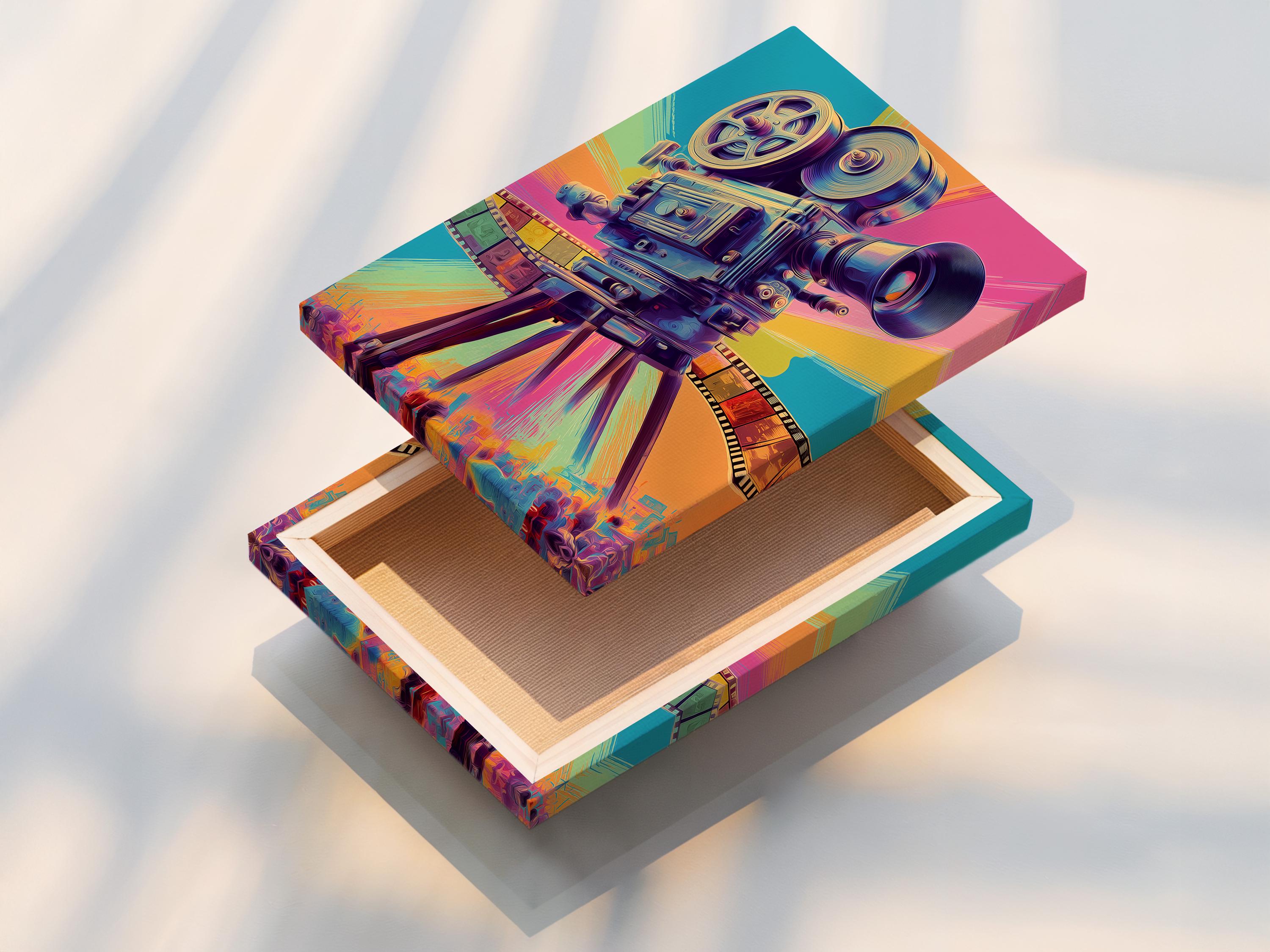 Stylised vintage movie camera in turquoise, hot pink and purple with a curved film strip detail view