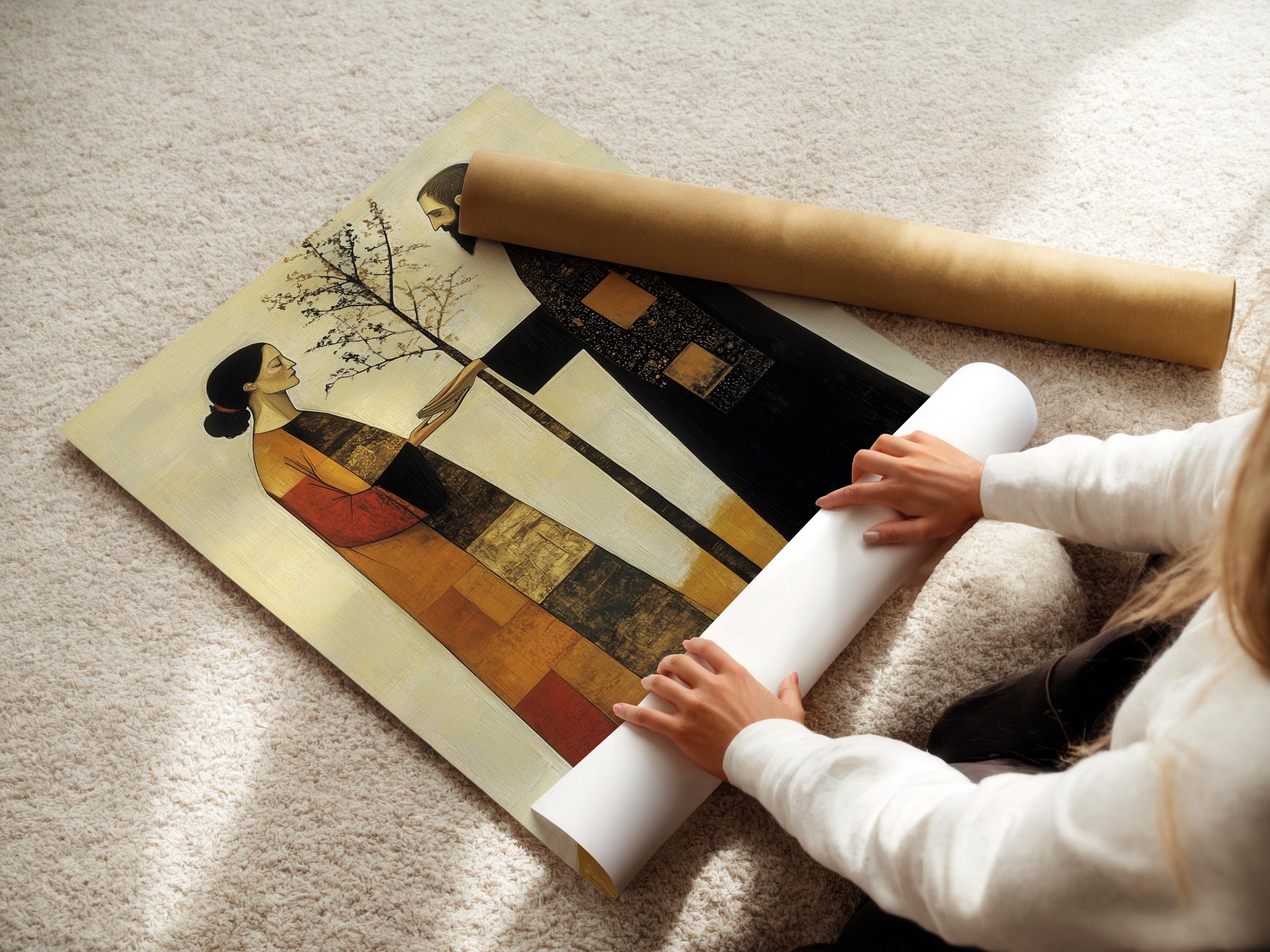 A framed artwork mockup showing a folk-art couple facing each other with a tree at the centre on a pale background