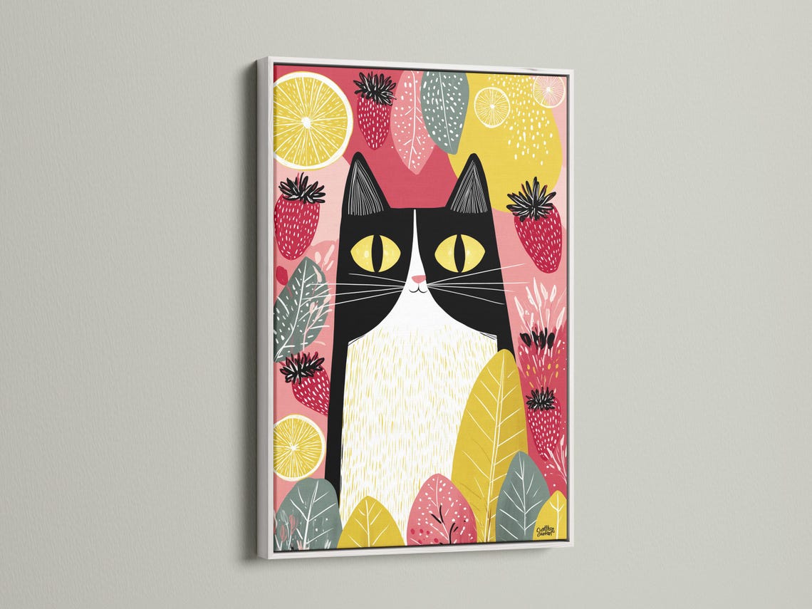 Illustrated black cat with yellow eyes surrounded by strawberries, citrus slices and leaves detail view