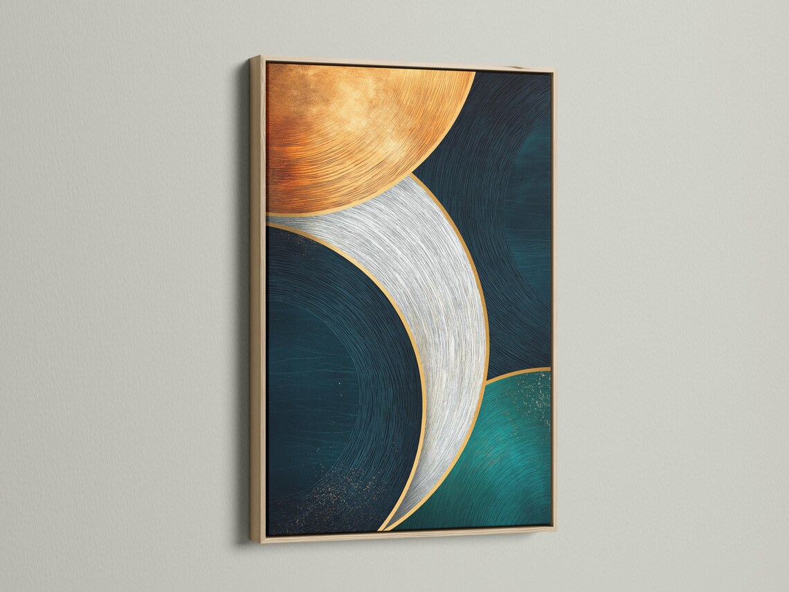 Abstract geometric artwork with teal and navy curved circles and gold outlines detail view
