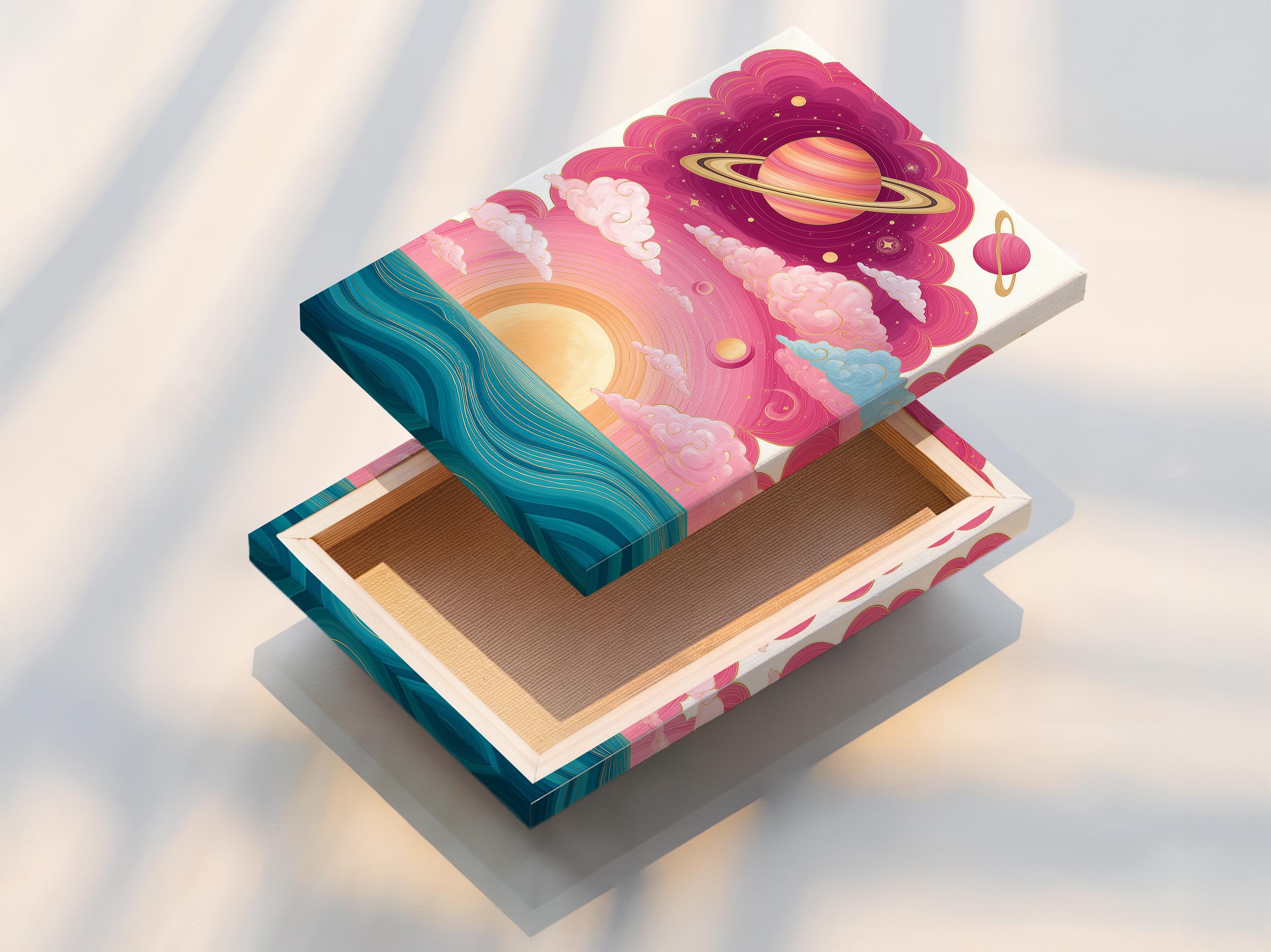 Whimsical ringed planet over swirling pink clouds with rainbow and teal ocean waves detail view