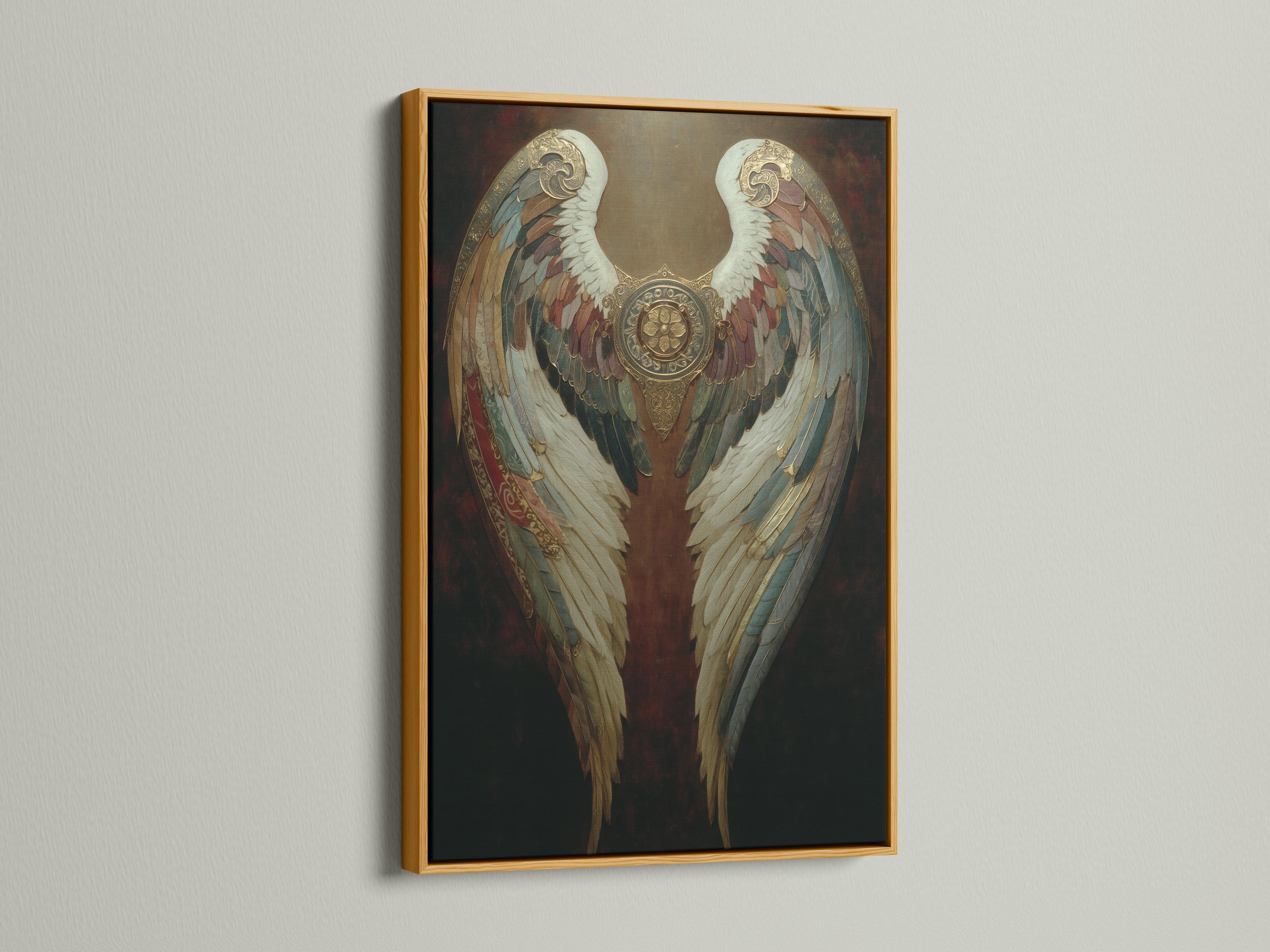 Artwork mockup showing ornate gold angel wings wall art in a dark vintage style