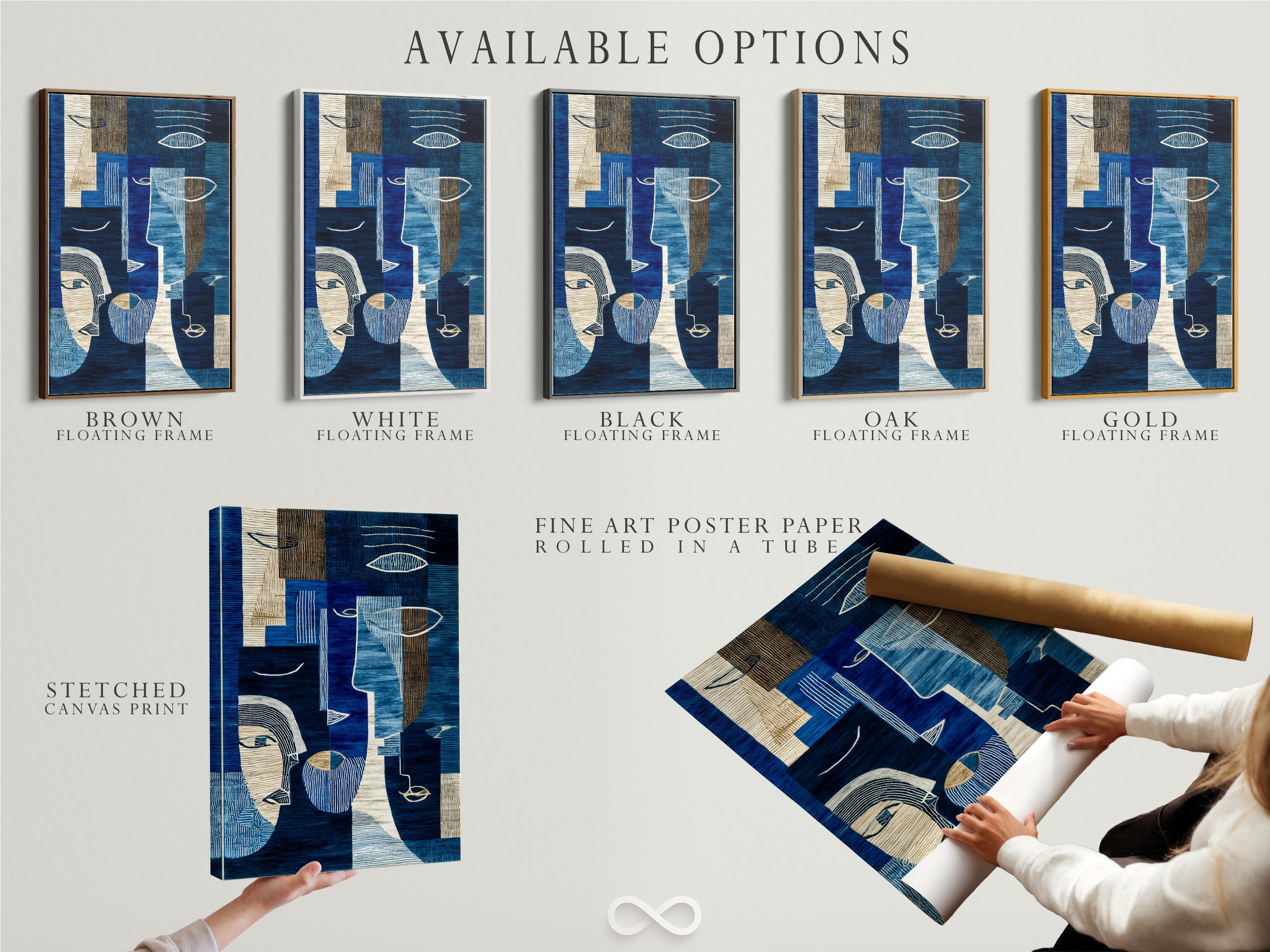 Indigo abstract faces artwork with navy, cream and gold geometric line patterns detail view