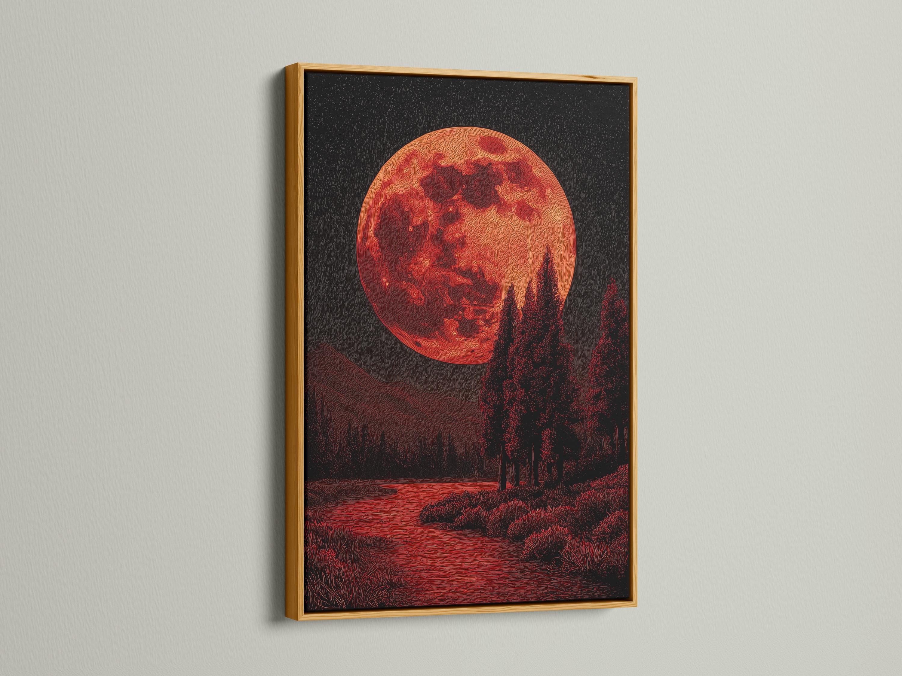 Red moon over a dark forest landscape with textured crimson and black details detail view