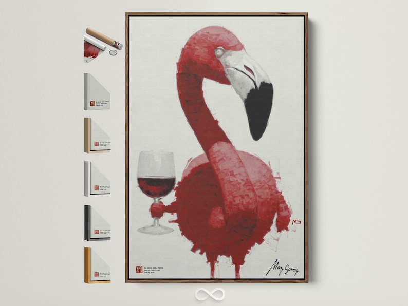 Pink flamingo illustration with a wine glass of red liquid on a white background
