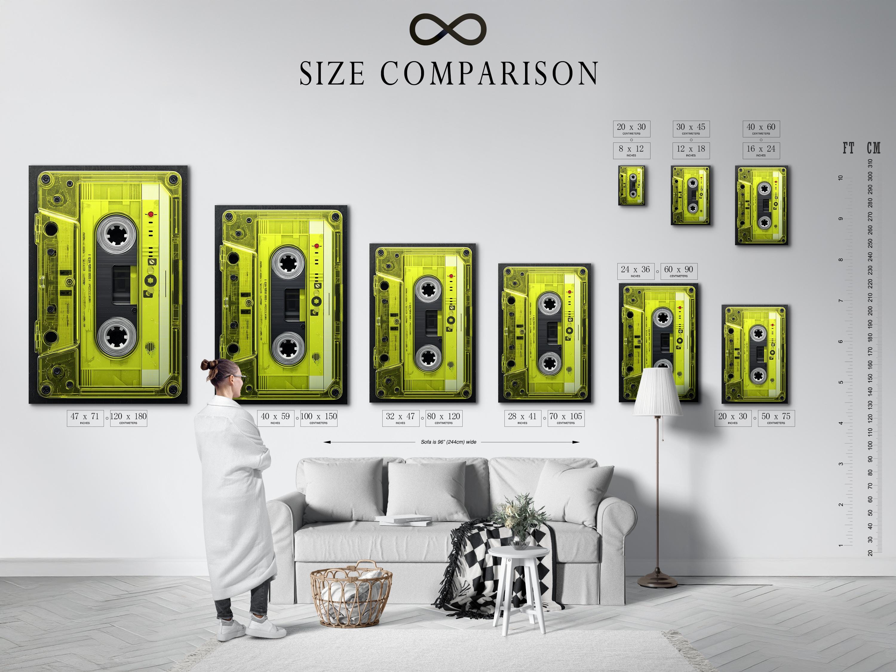 Neon lime cassette tape graphic framed in black with spool circles and a red dot detail detail view