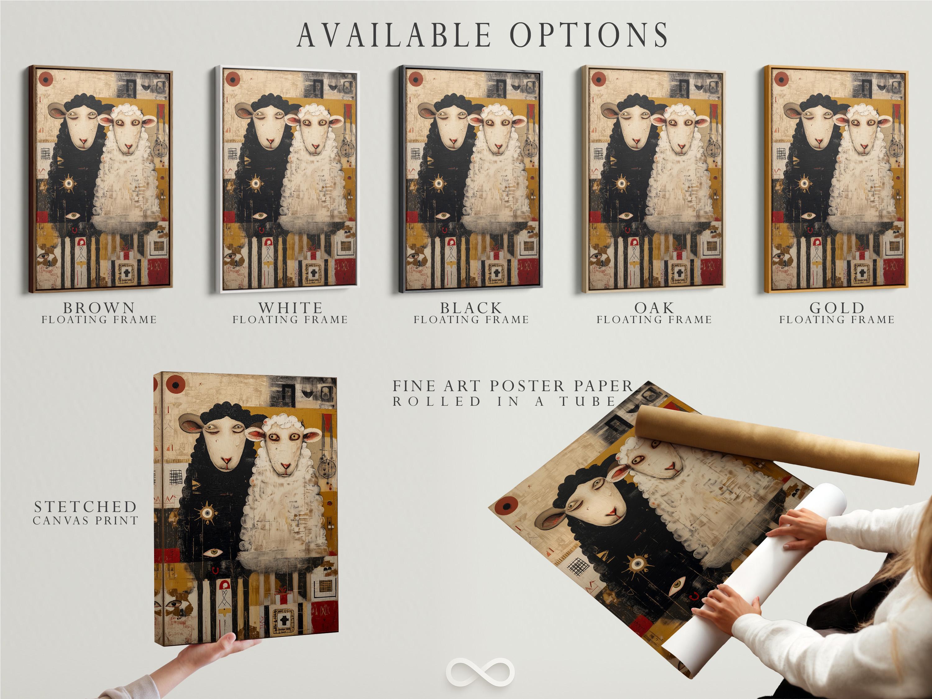 Room mockup showing a framed sheep duo artwork
