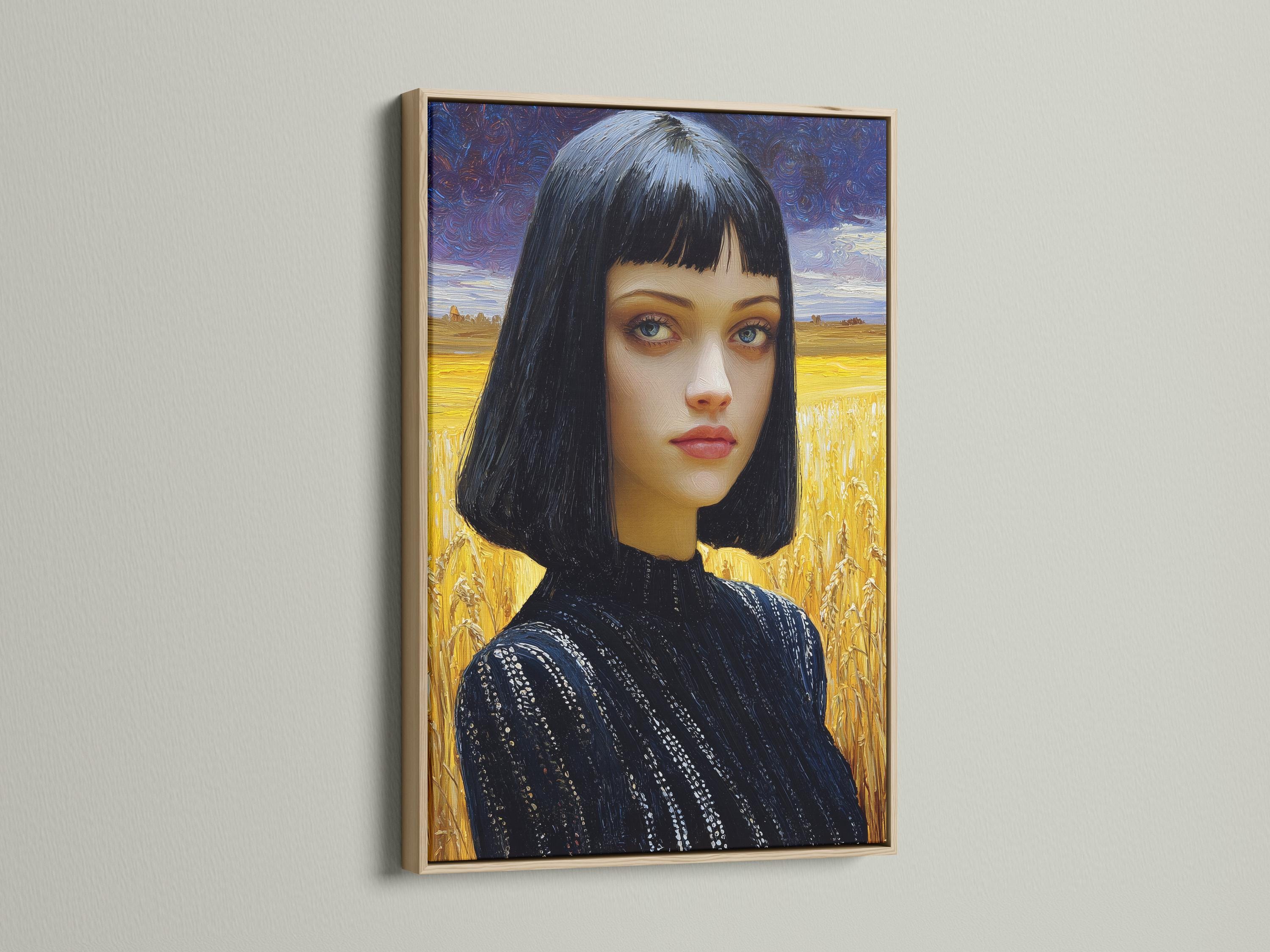 A dark-haired woman’s portrait is painted in front of a golden wheat field, set against a blue, swirling night-sky backdrop detail view