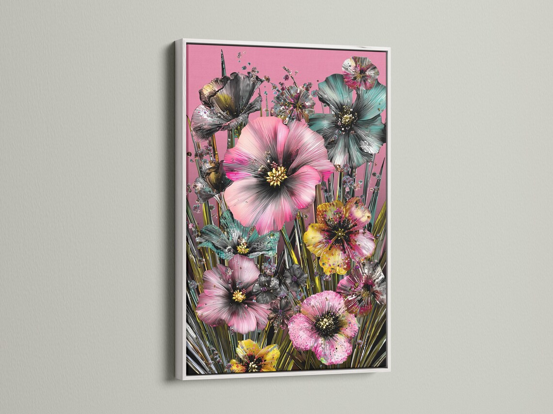 Portrait floral artwork with large pink blossoms, teal accents, dark centres and green stems on a pink background detail view