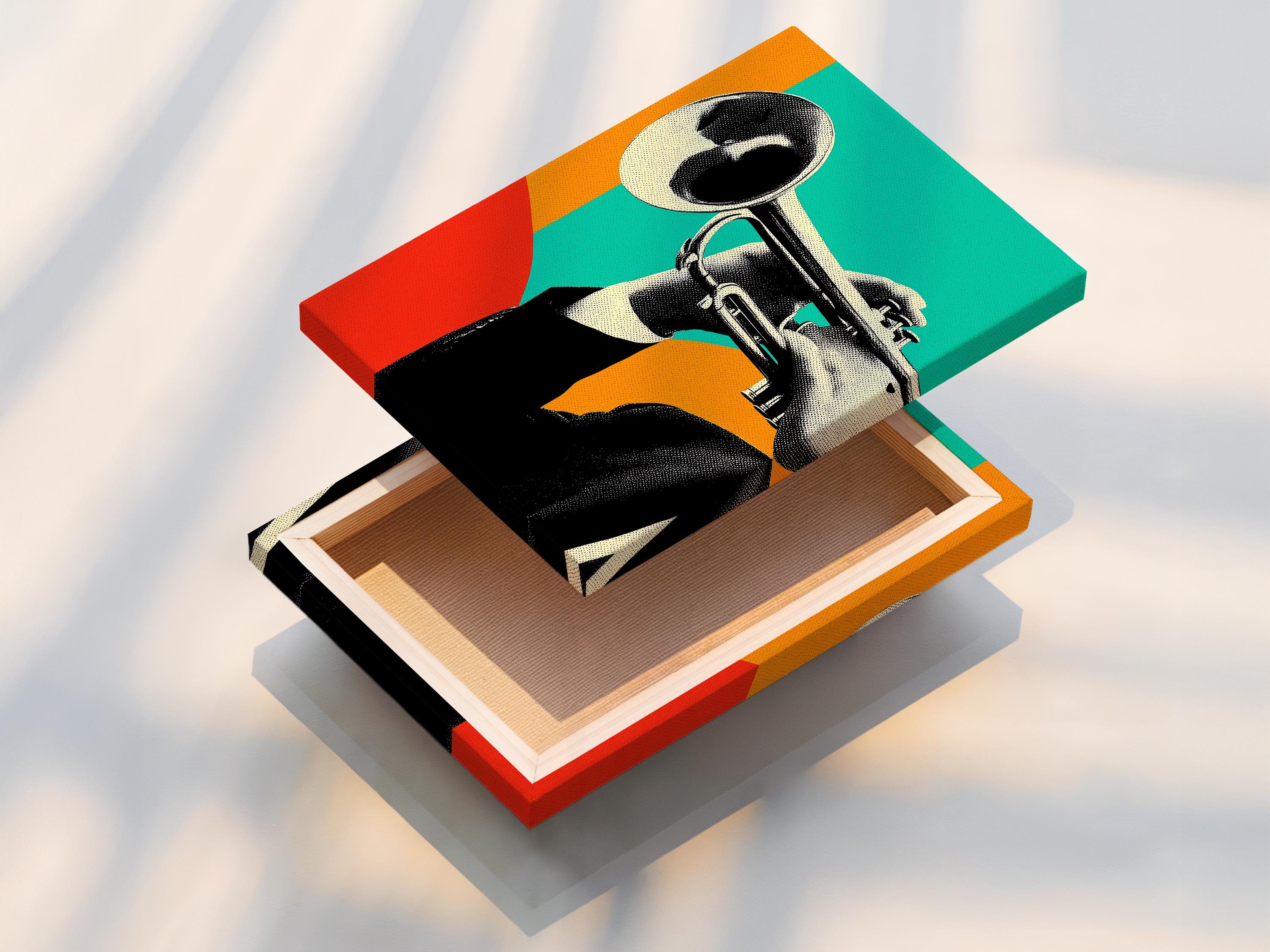 Stylised trumpet player illustration in teal, orange, red and black with cream highlights detail view