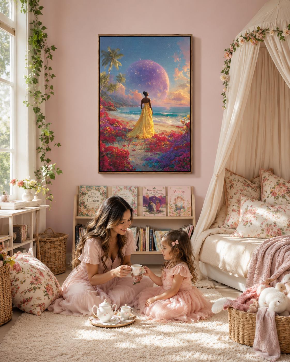Room scene with a woman in a gold dress tropical beach artwork leaning against a wall
