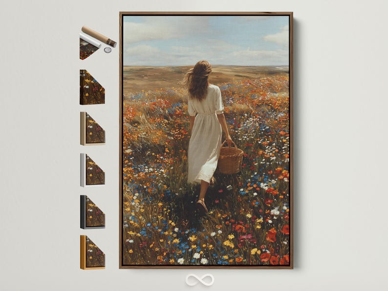 Wildflower meadow painting of a woman walking through colourful flowers holding a basket