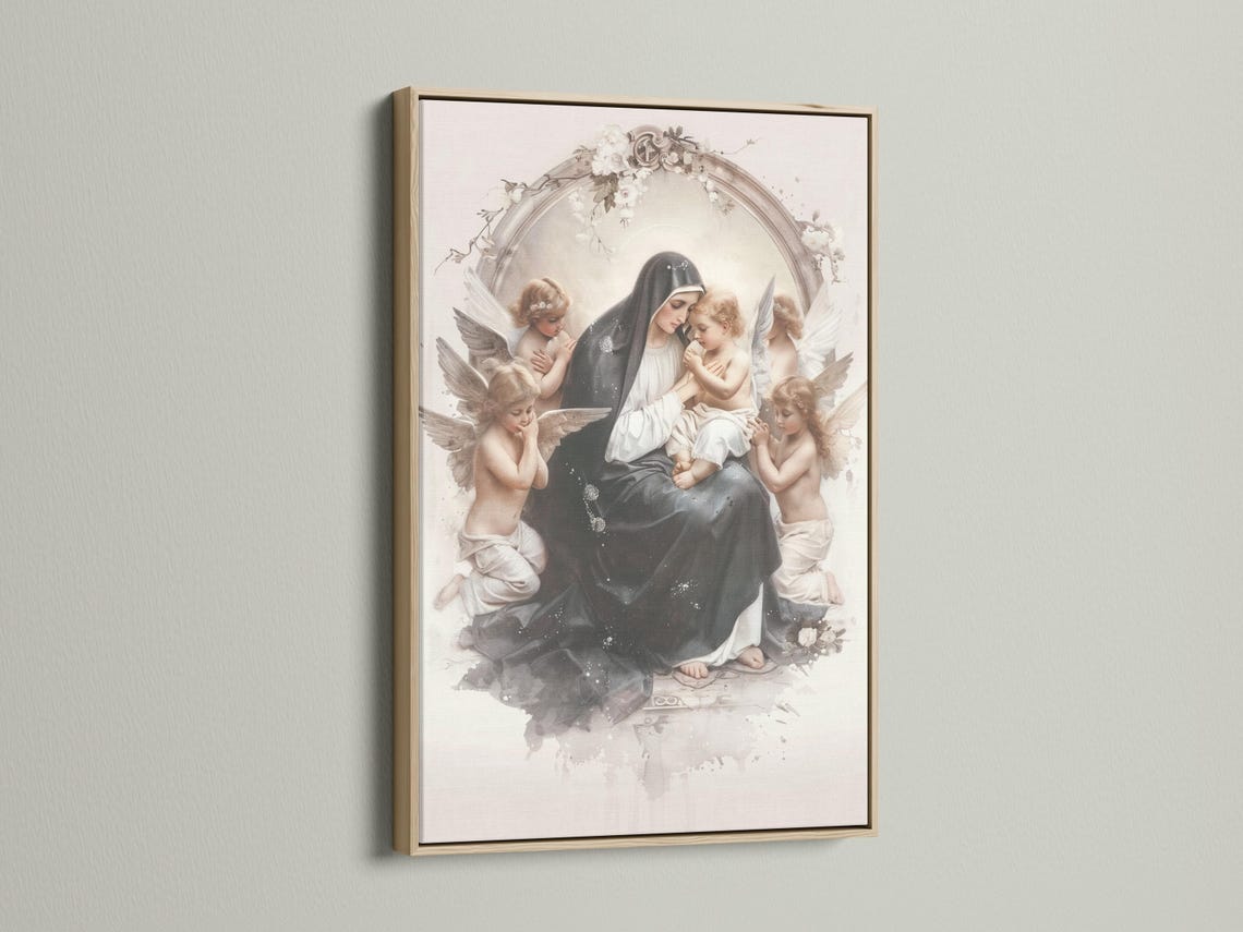 Madonna and Child religious artwork with winged cherubs and a floral arch in cream and grey tones detail view