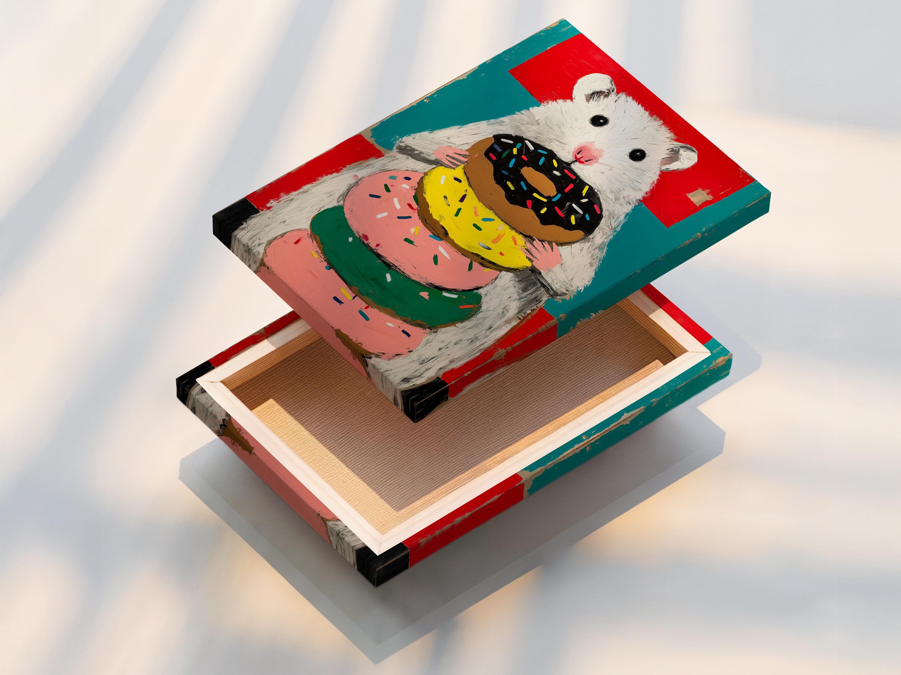 Playful hamster holding a doughnut stack with colourful sprinkles against a red and teal background detail view