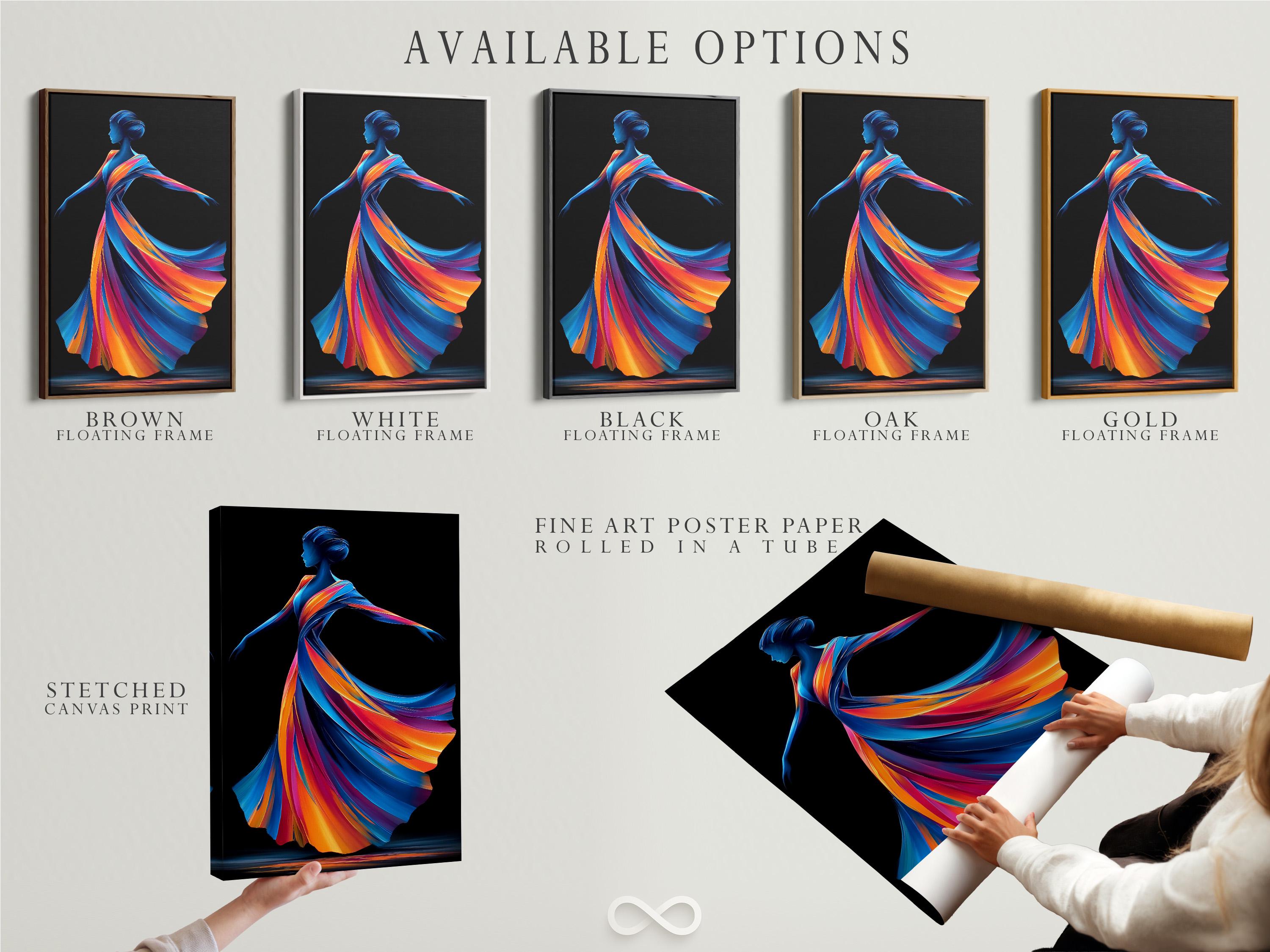 Wall mockup showing a framed abstract woman profile artwork with rainbow ribbon hair