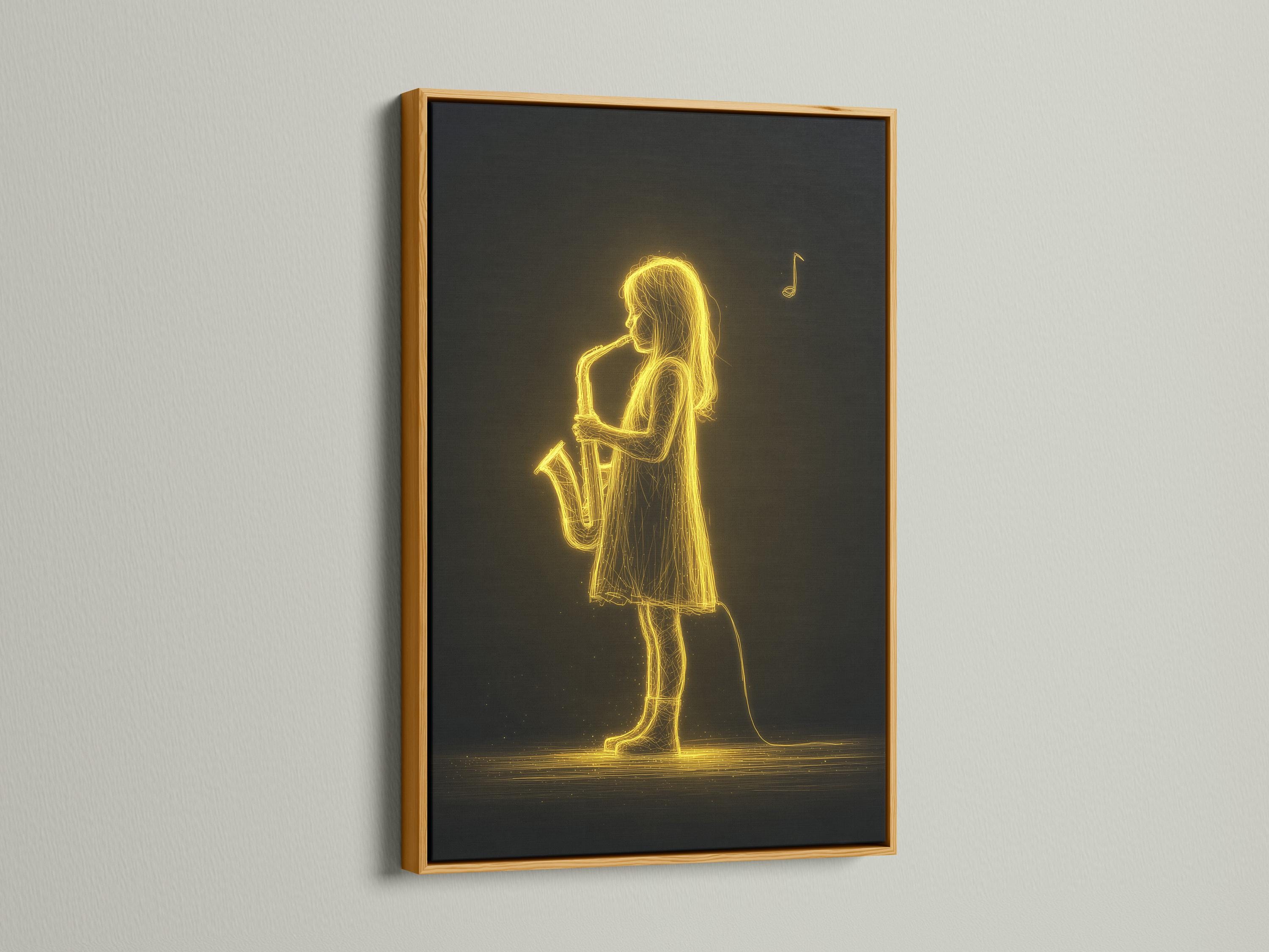 Neon gold line drawing of a saxophone player musician against a dark background with a floating music note detail view