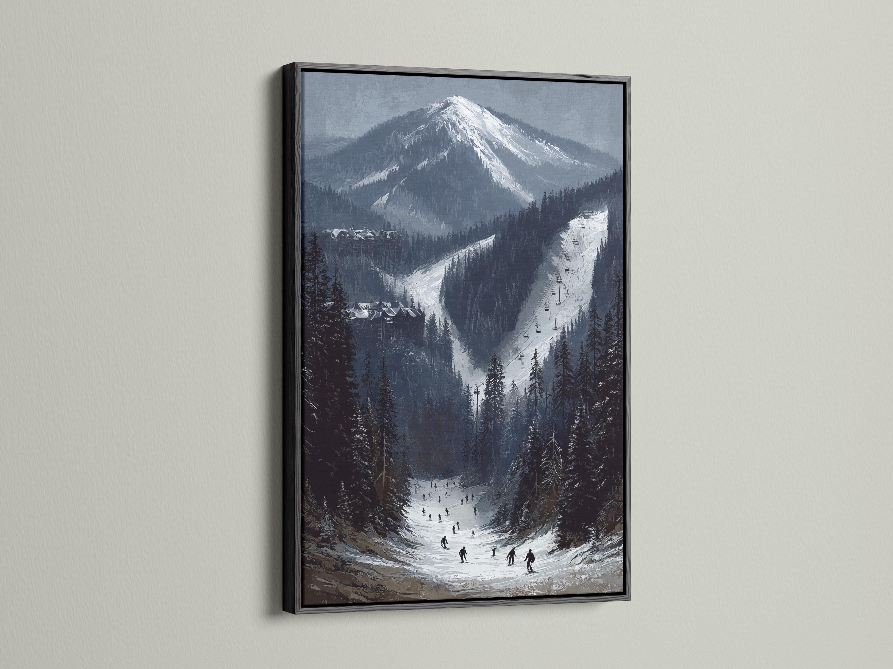 Alpine winter landscape with snow-capped mountains, evergreen trees and a ski slope with a chairlift detail view