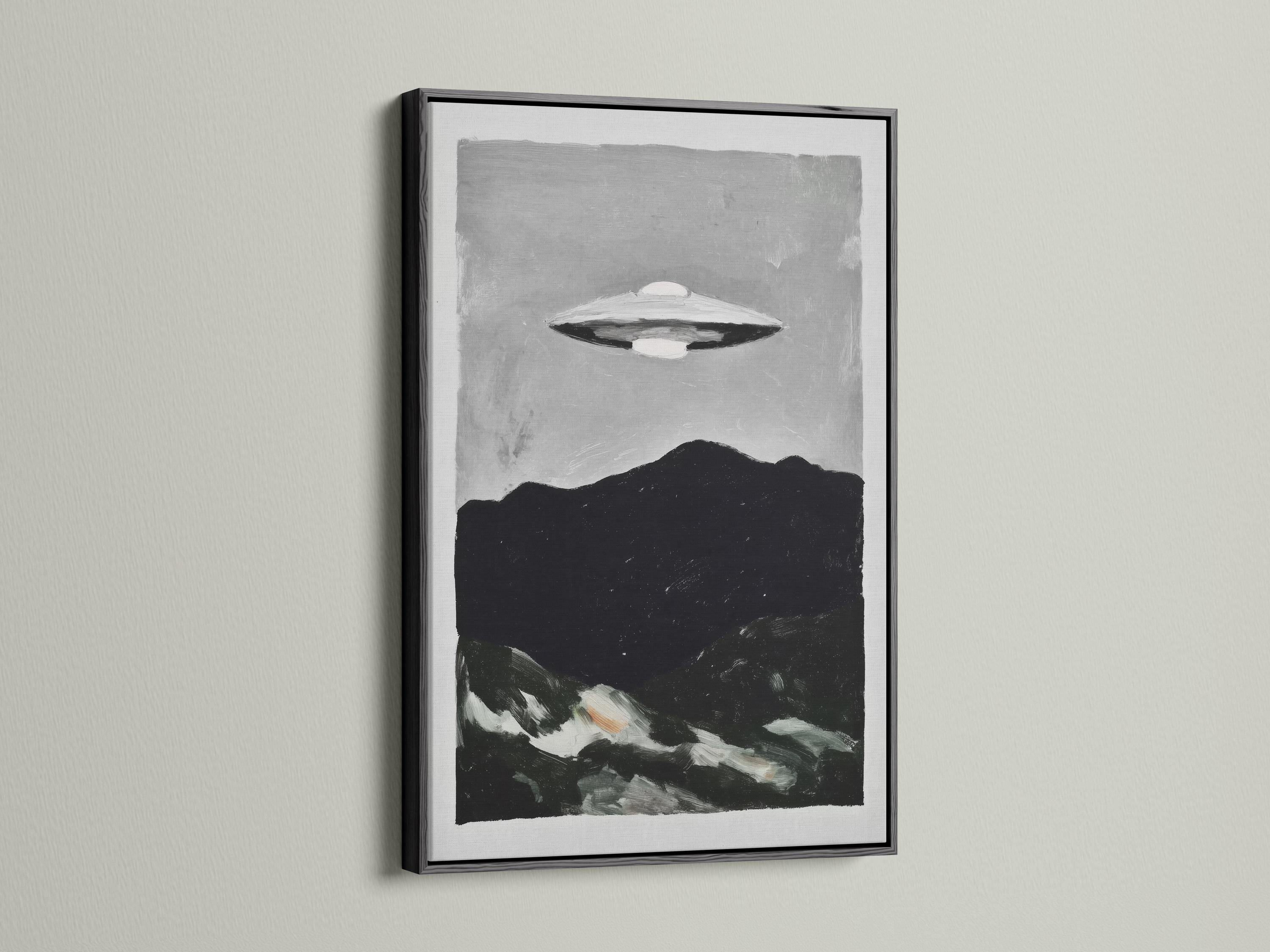 Monochrome painting of a UFO hovering above a dark mountain landscape detail view