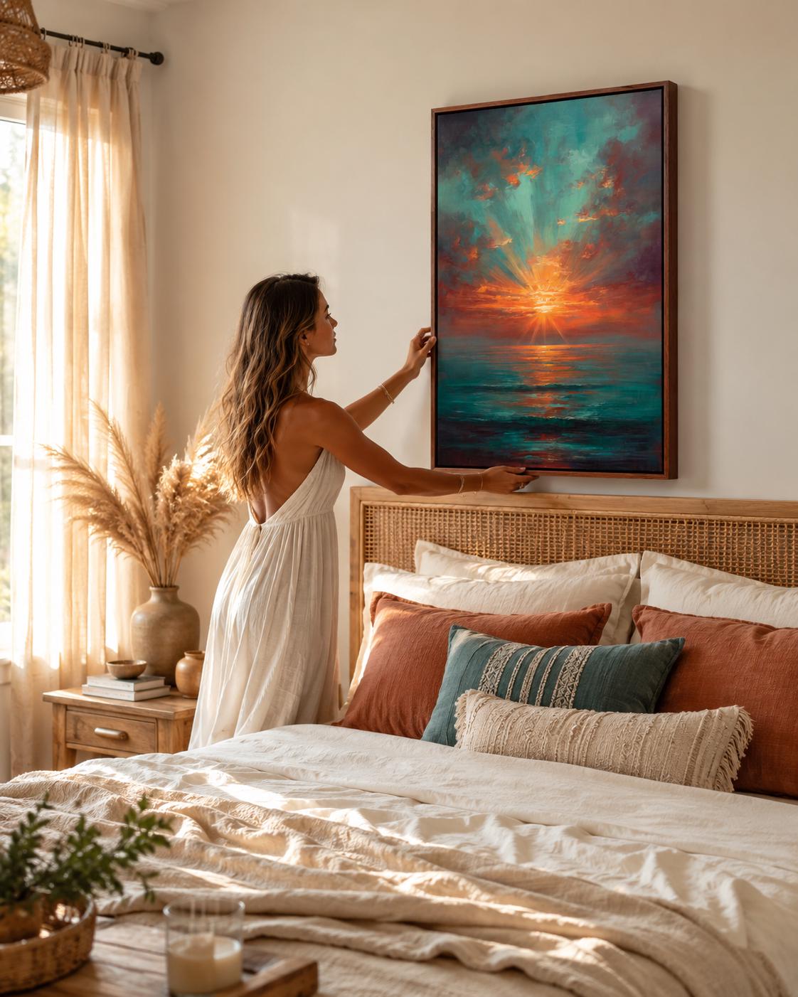 Room mockup with a sofa and a framed teal and copper sunset seascape artwork on the wall