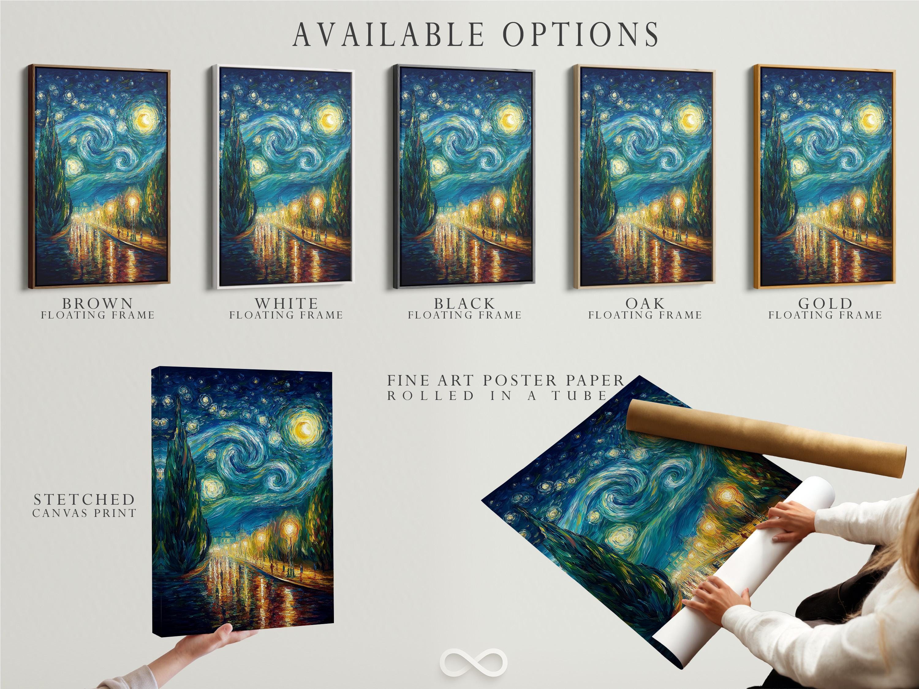 Room mockup showing a framed starry night painting on a light wall