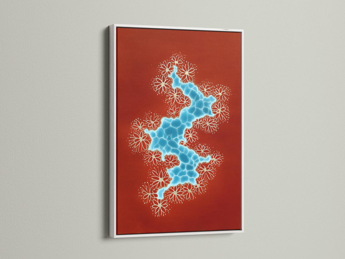 Wall mockup showing framed red abstract river artwork with blue water shape and white flowers
