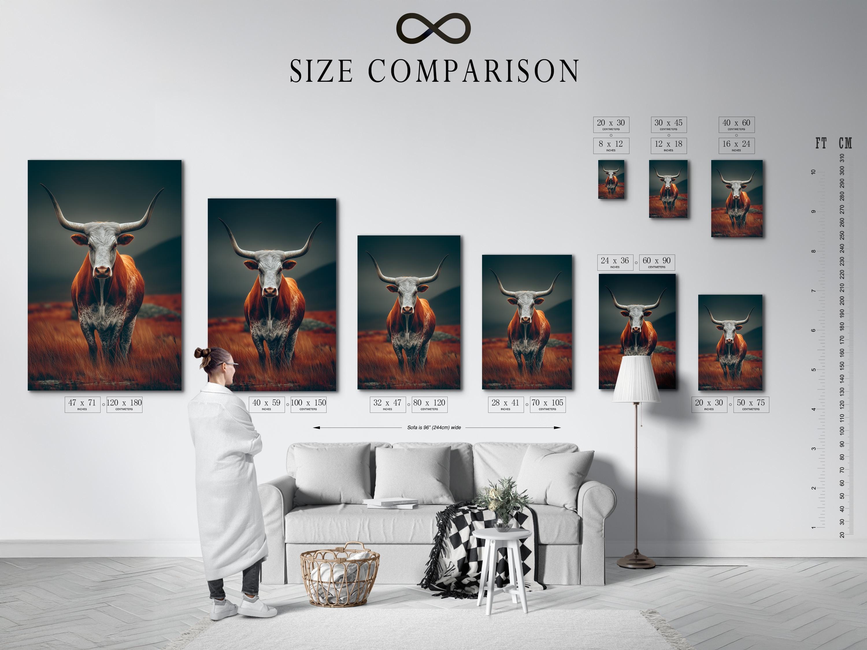Longhorn cow artwork displayed in a framed mockup with teal and rust tones