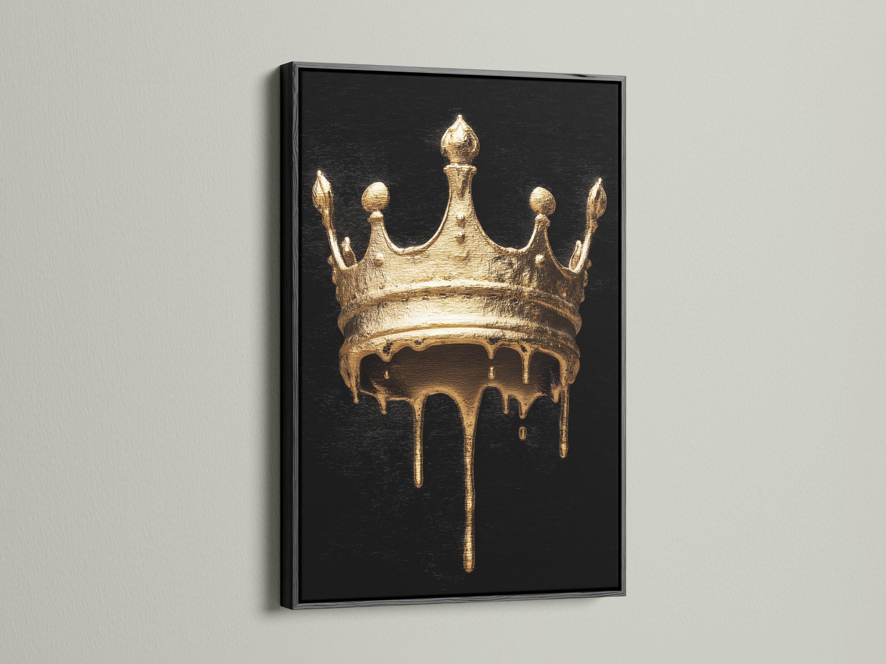 Person in a clothing store viewing a black-and-gold crown artwork on a gallery wall