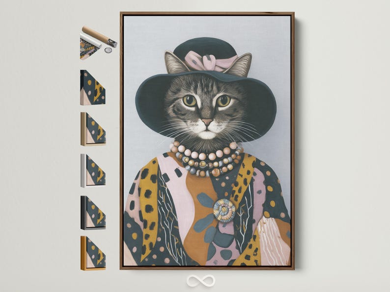 Stylised cat portrait with a dark hat, patterned coat, beaded collar and ornate brooch