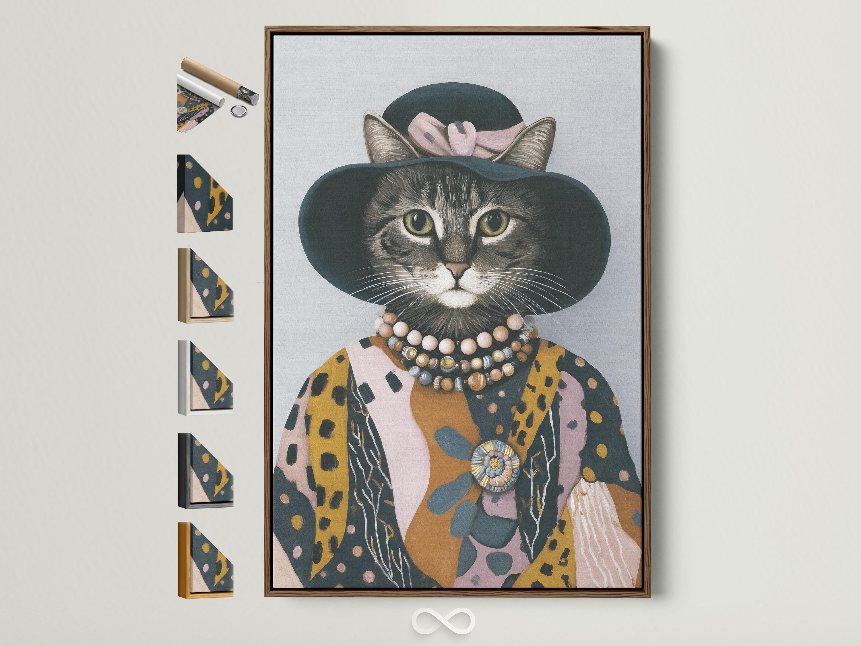 Stylised cat portrait with a dark hat, patterned coat, beaded collar and ornate brooch