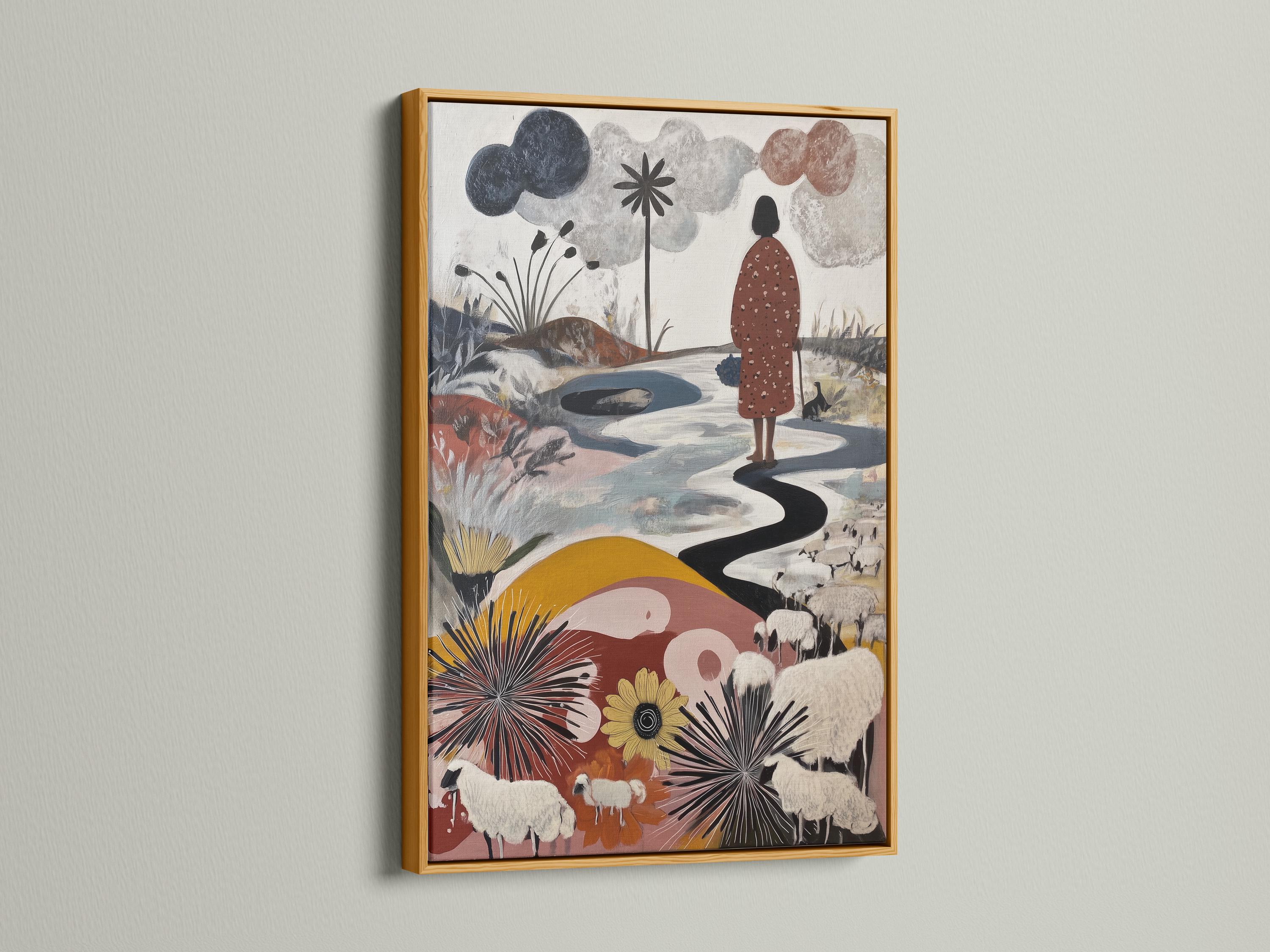 Neutral pastoral artwork with sheep, a standing figure, a winding path and stylised flowers detail view