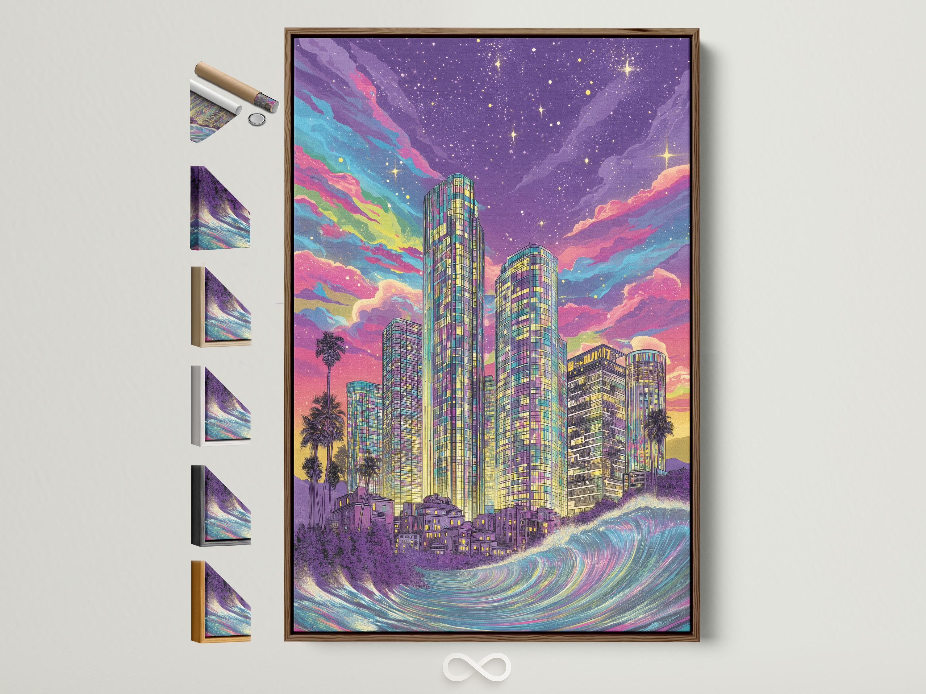 Retro neon city skyline with tall skyscrapers, ocean waves, starry purple sky and palm silhouettes
