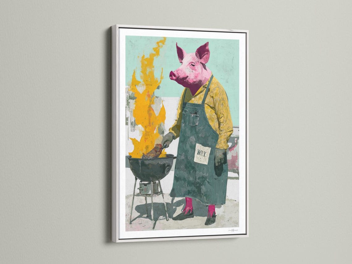 Quirky pig chef illustration by a grill with yellow flames and a mint green background detail view