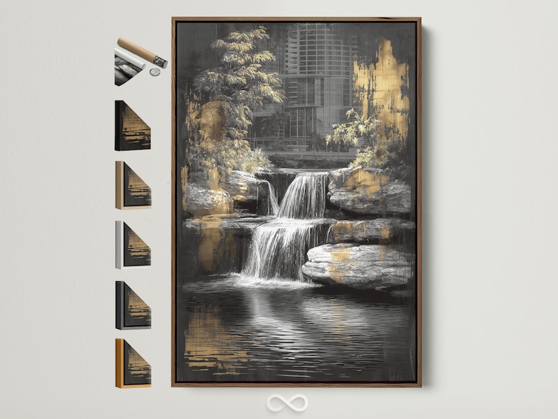 Black and gold waterfall artwork with a cityscape and trees, featuring reflective water below