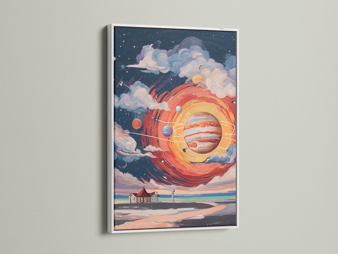 Glowing planet and lighthouse in a cosmic scene with swirling clouds and stars detail view
