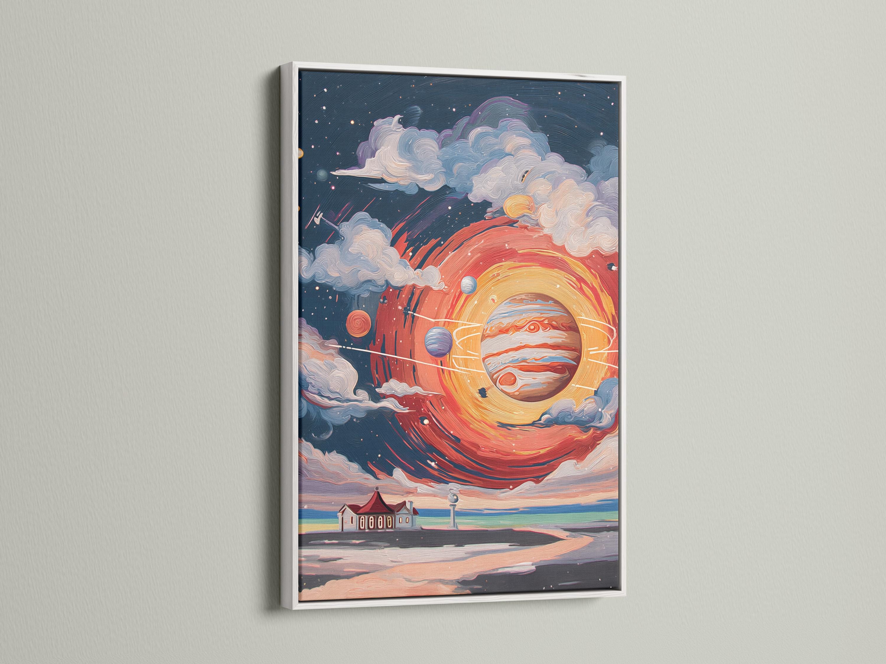 Glowing planet and lighthouse in a cosmic scene with swirling clouds and stars detail view