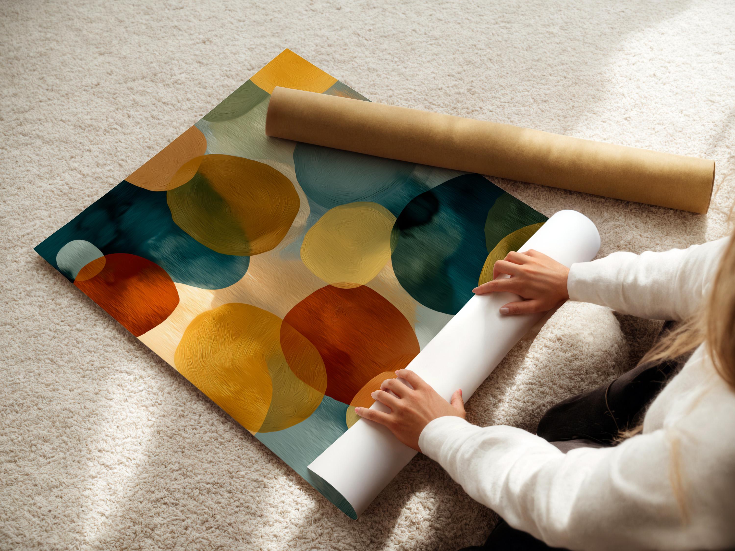 Framed abstract circle artwork with teal, cream, rust and mustard circles on a pale background