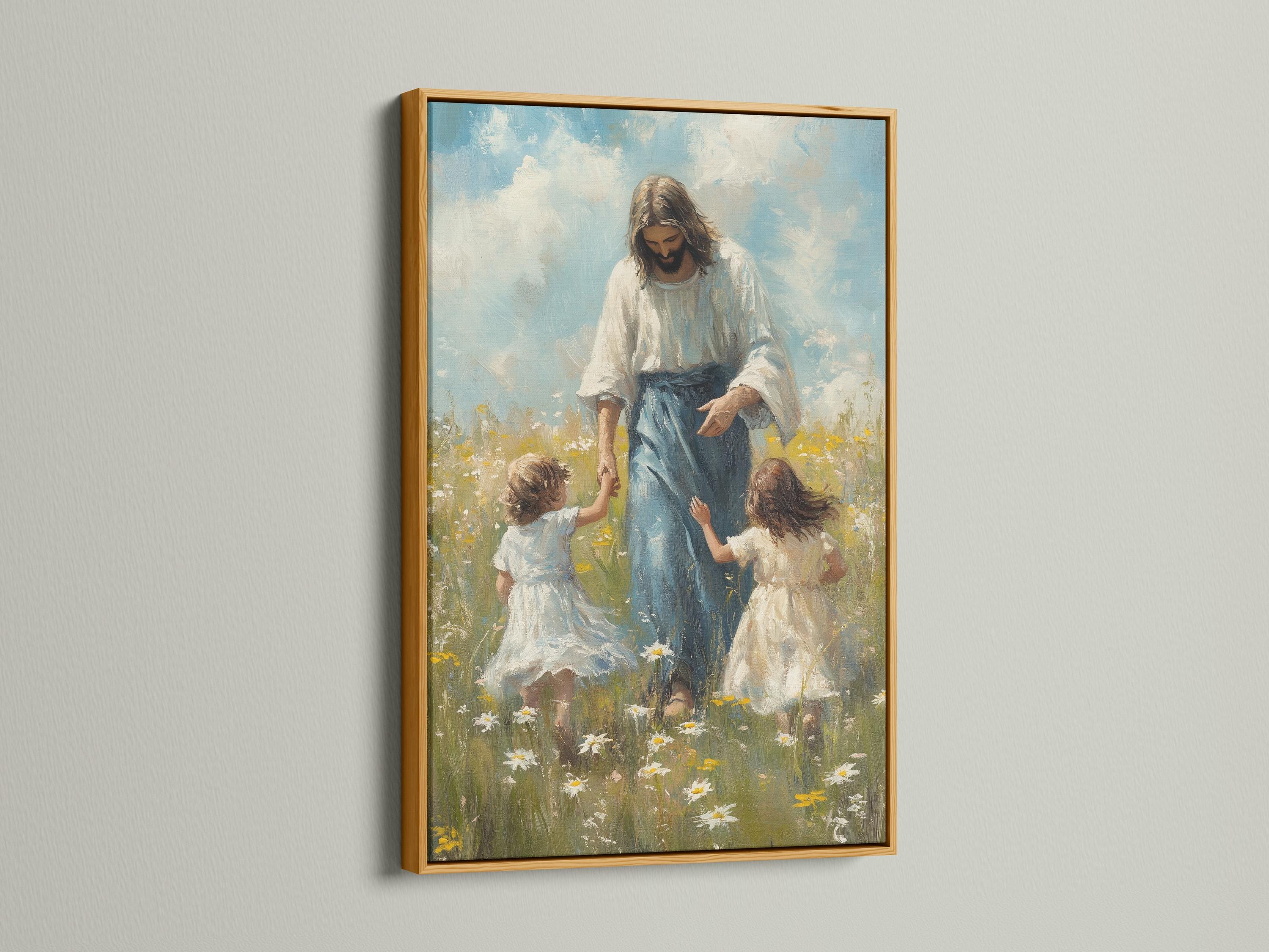 Religious meadow wall art mockup with an ornate frame on a light wall
