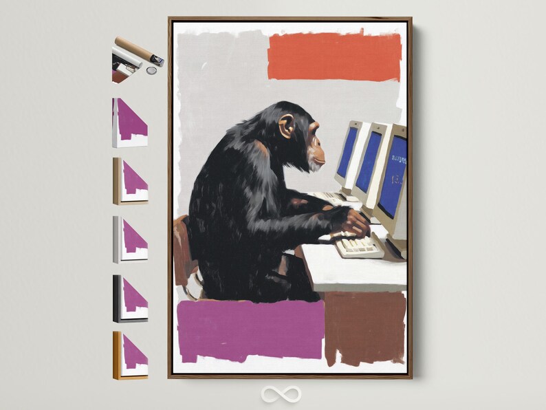 Stylised chimpanzee at a computer with purple and cream blocks and blue screen accents