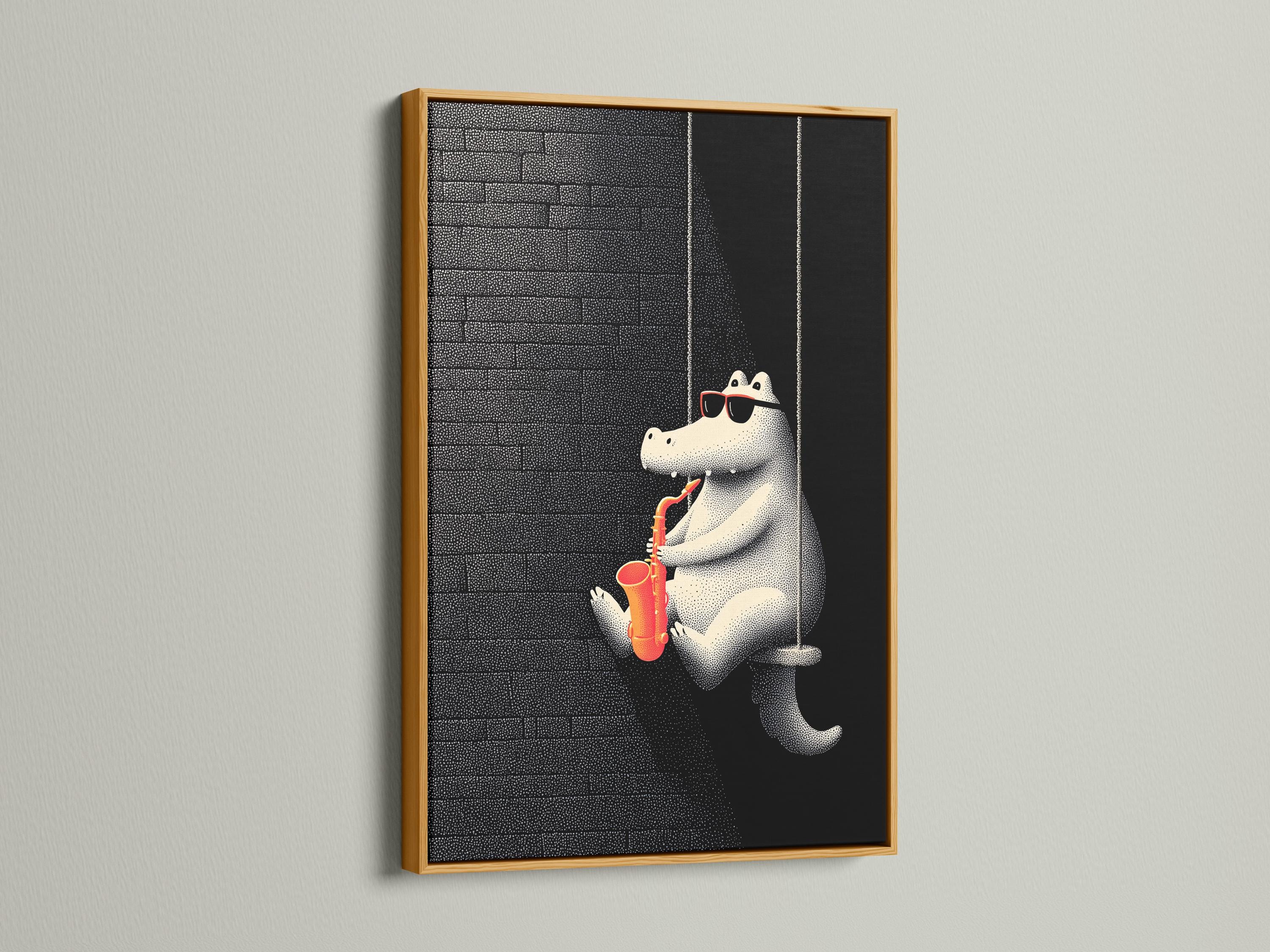 Stylised alligator with sunglasses playing a red-orange saxophone on a black speckled grid background detail view