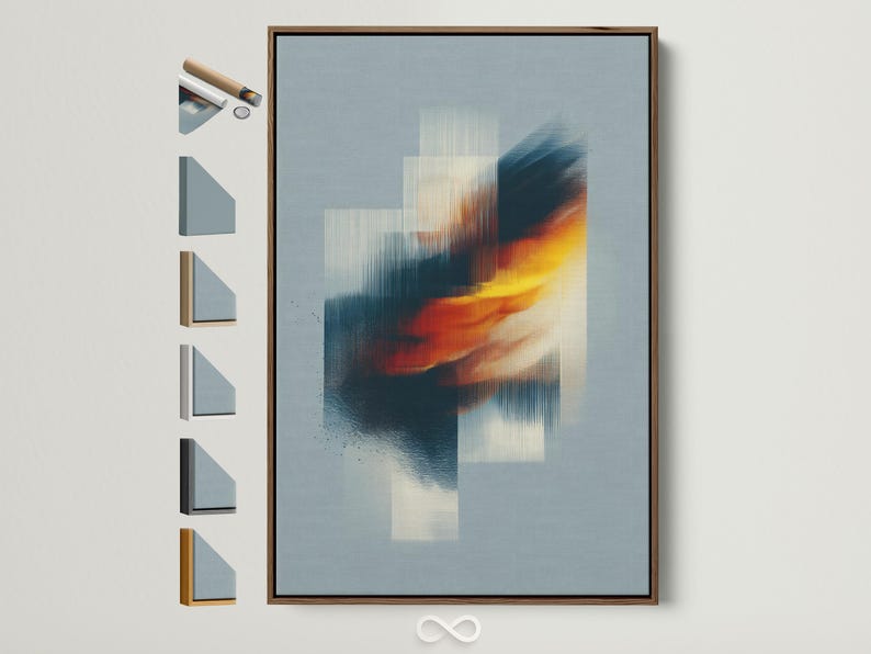 Abstract geometric wall art with layered blue rectangles and warm gold diagonal accents