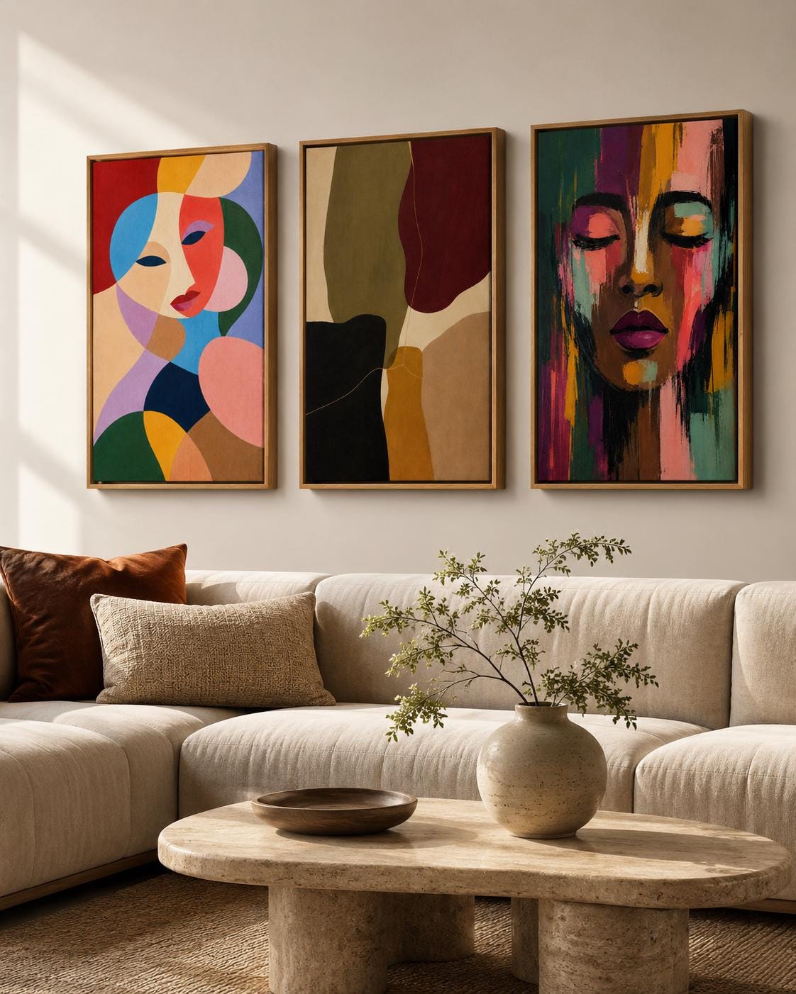 Room mockup with three abstract portrait artworks in multicolour tones above a bed and desk