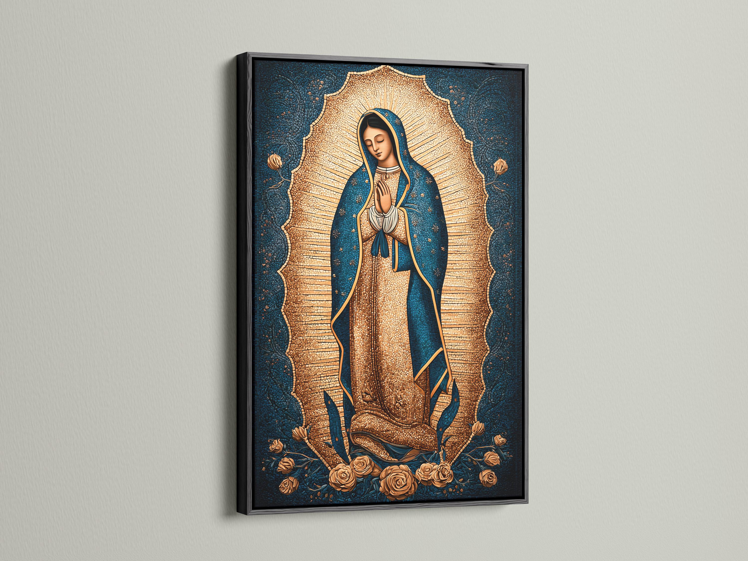 Hooded praying female figure with gold halo rays and roses on a blue textured background detail view