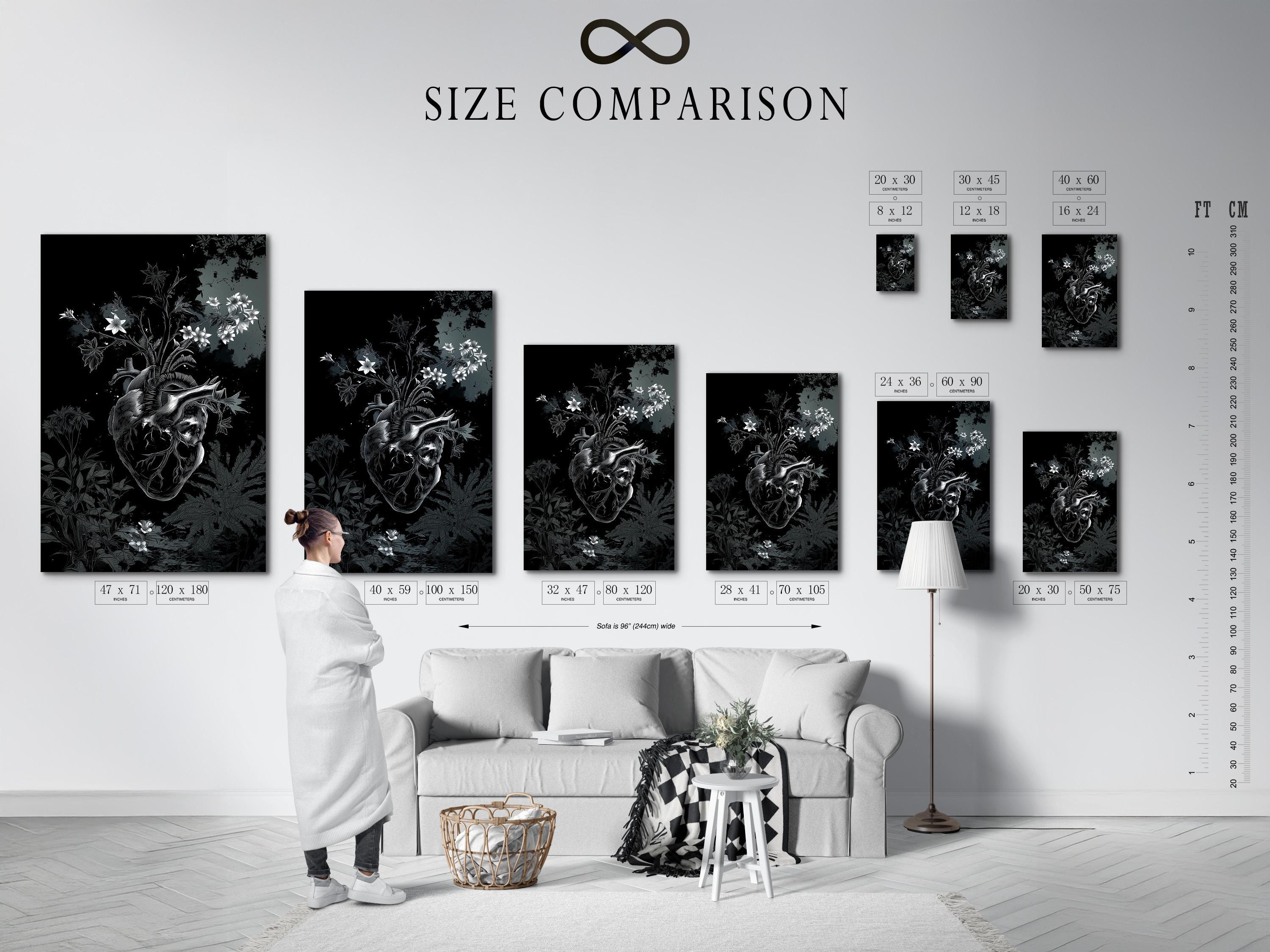 Room mockup showing a framed monochrome botanical heart artwork on a wall