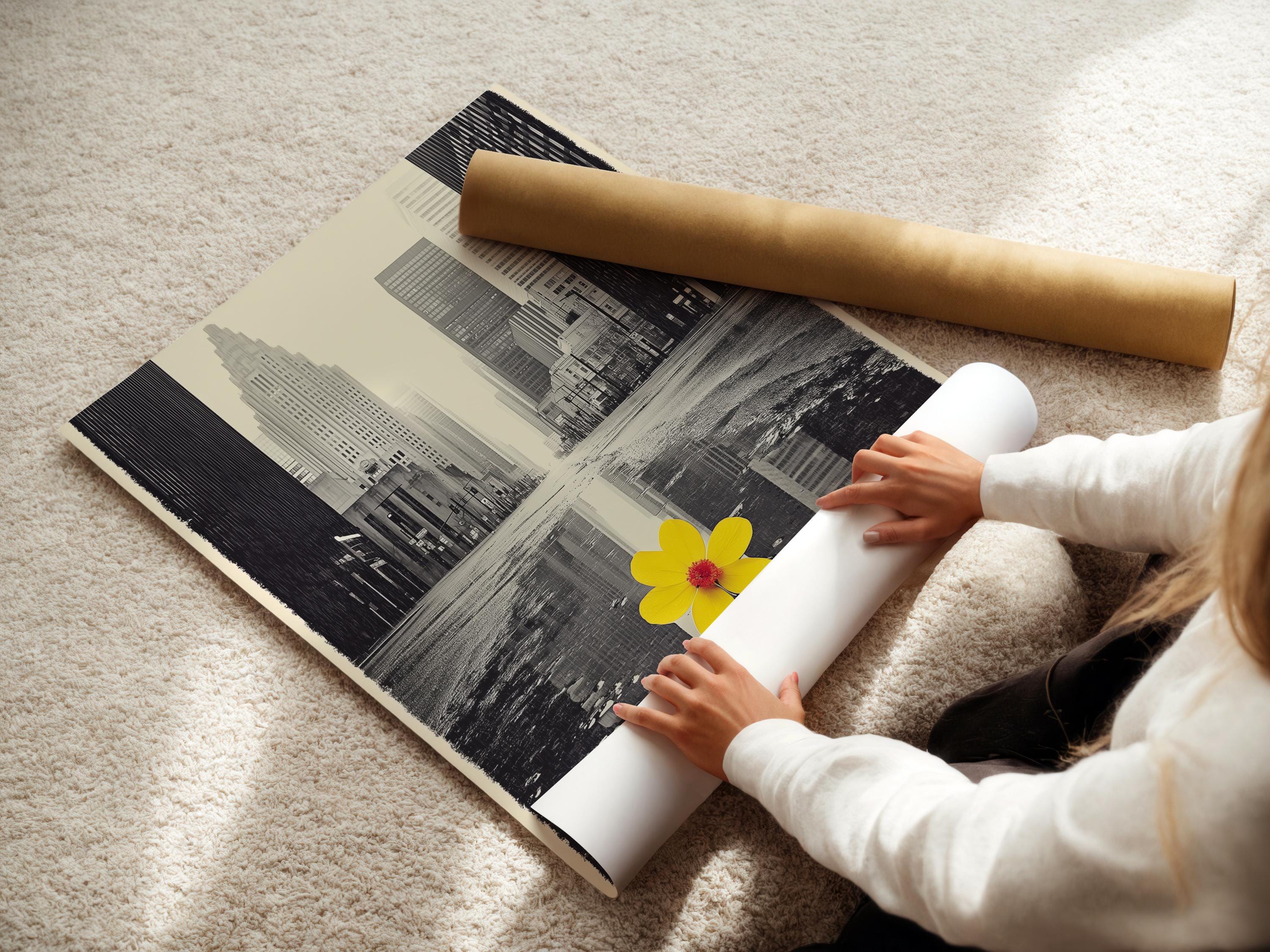 A monochrome city skyline is overlaid with a single bright yellow flower, reflected in water-like bands, creating a high-contrast urban accent detail