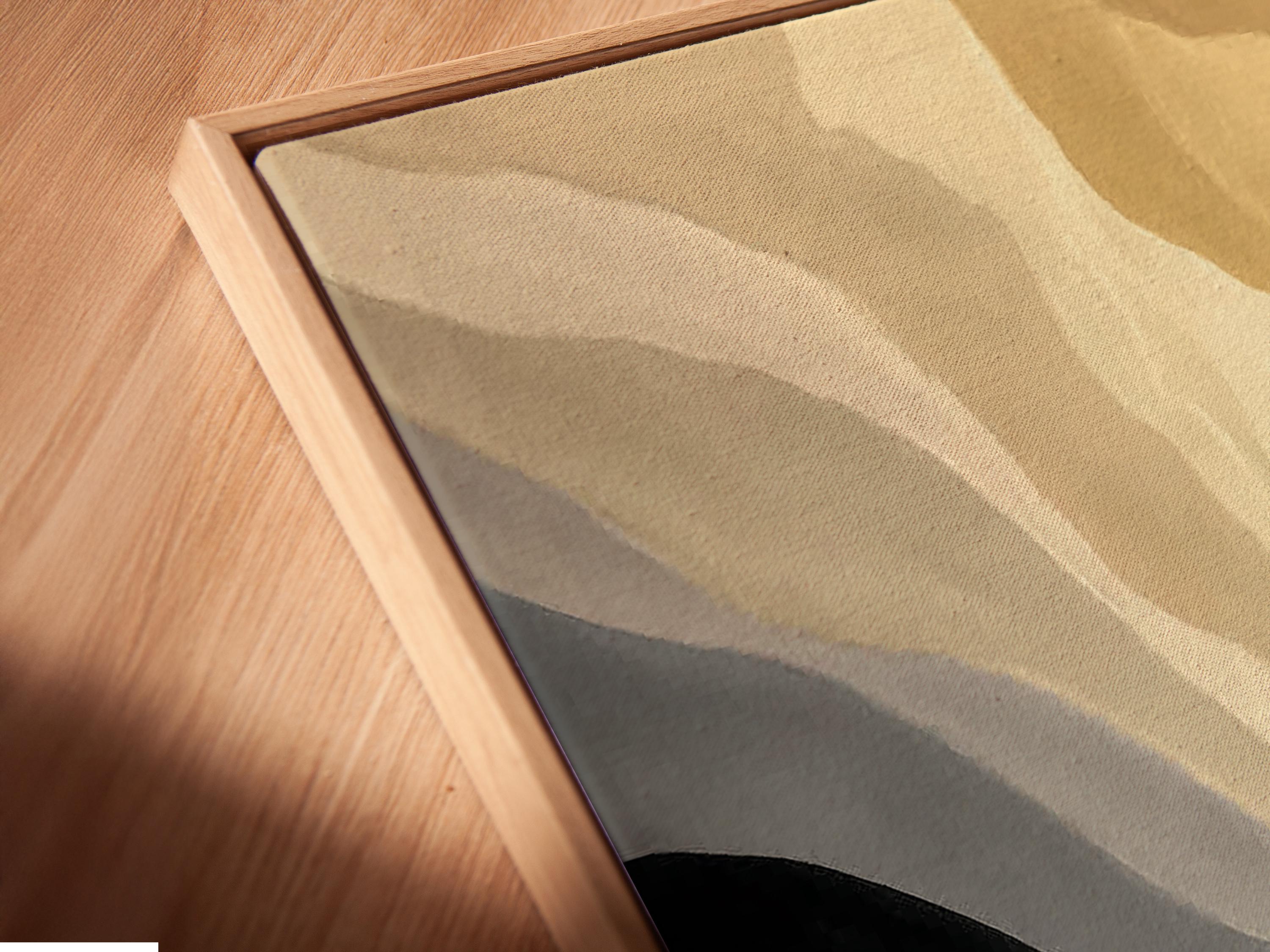 Minimalist beige abstract seascape with layered waves and a small boat silhouette detail view